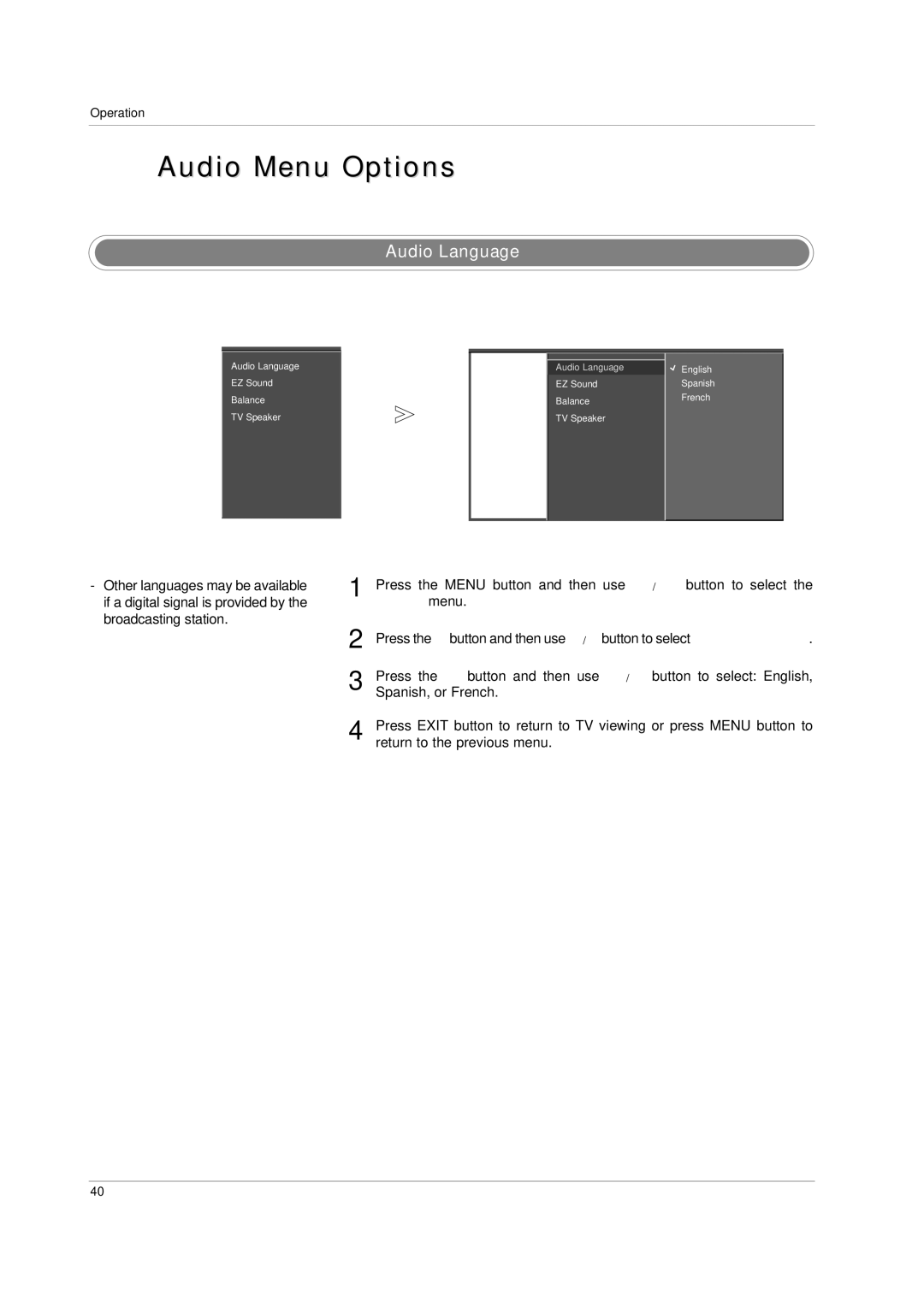 LG Electronics 60PC1D, 42PC3D owner manual Audio Menu Options, Audio Language, Spanish, or French 