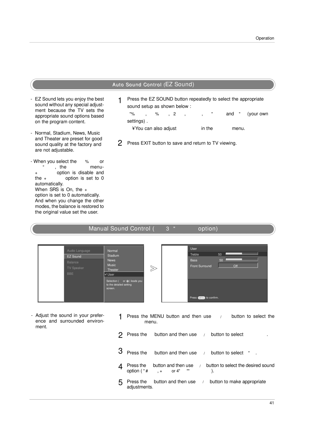 LG Electronics 42PC3D, 60PC1D owner manual Manual Sound Control EZ Sound-Useroption, Adjustments 