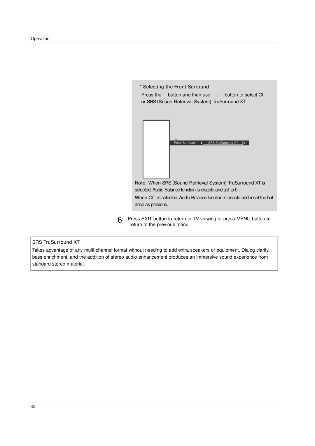 LG Electronics 60PC1D, 42PC3D owner manual Selecting the Front Surround, SRS TruSurround XT 