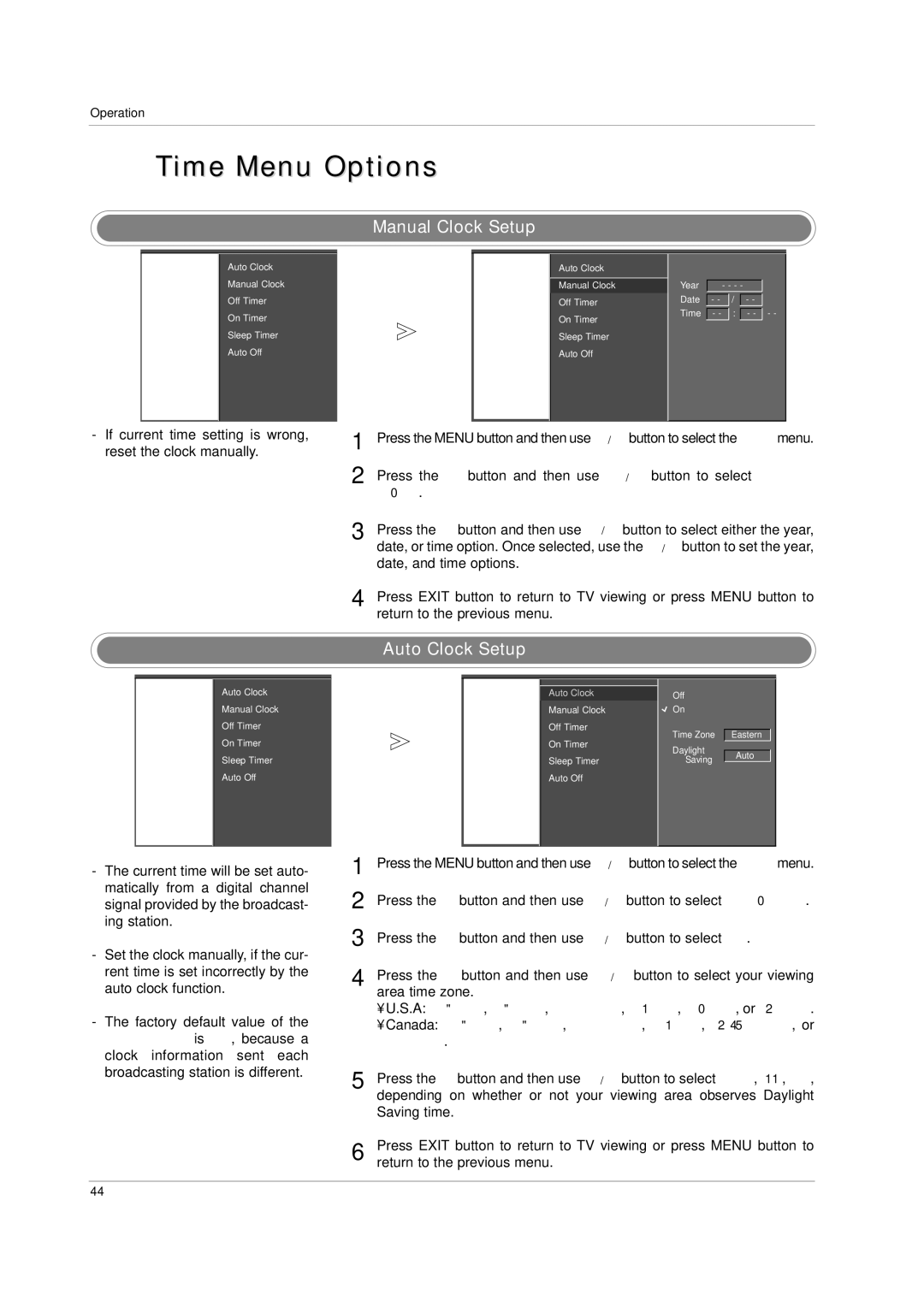 LG Electronics 60PC1D, 42PC3D owner manual Time Menu Options, Manual Clock Setup, Auto Clock Setup, Area time zone 