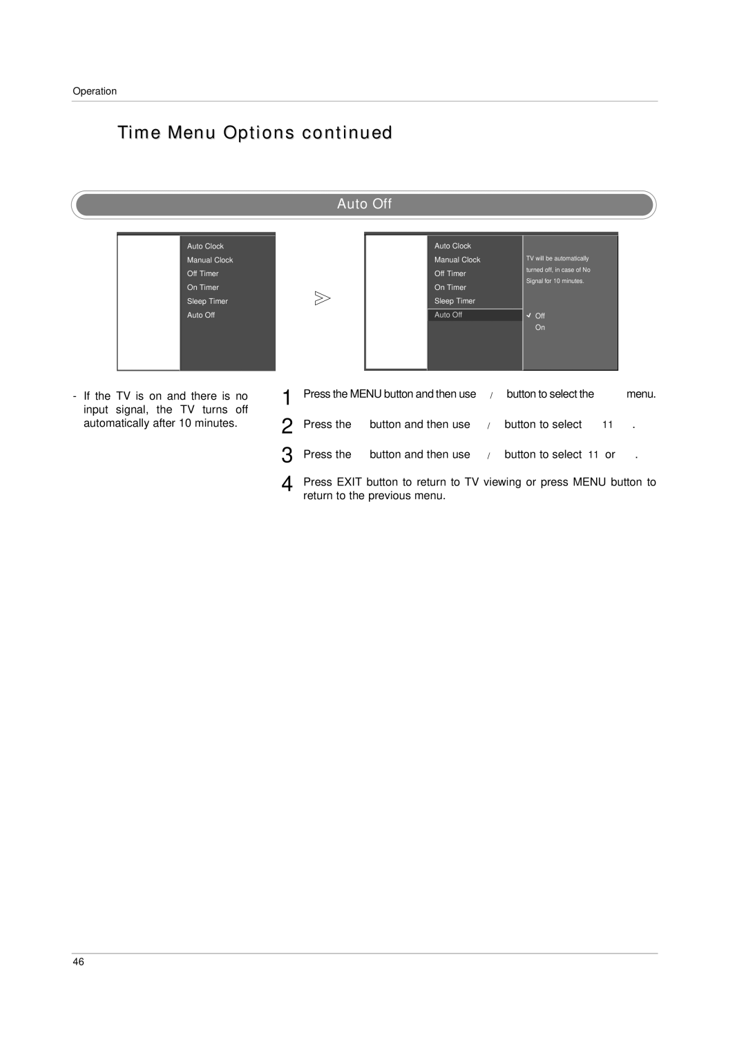 LG Electronics 60PC1D, 42PC3D owner manual Time Menu Options, Auto Off 