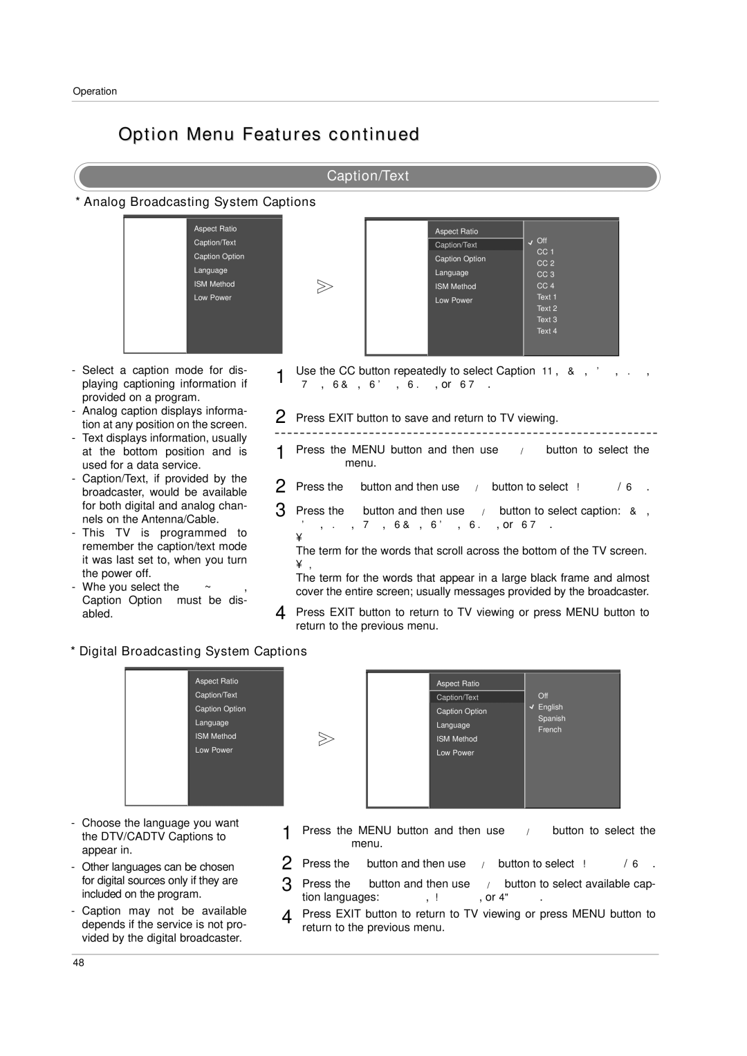 LG Electronics 60PC1D, 42PC3D owner manual Caption/Text, Tion languages English, Spanish, or French 