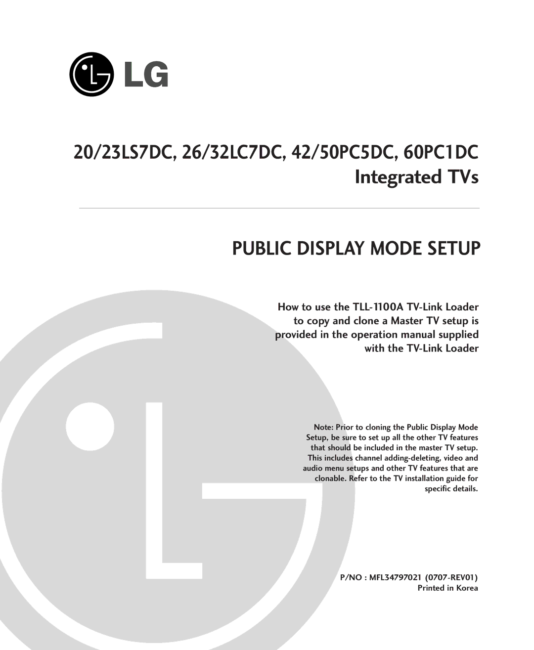 LG Electronics 42/50PC5DC, 60PC1DC, 20/23LS7DC, 26/32LC7DC operation manual Public Display Mode Setup 