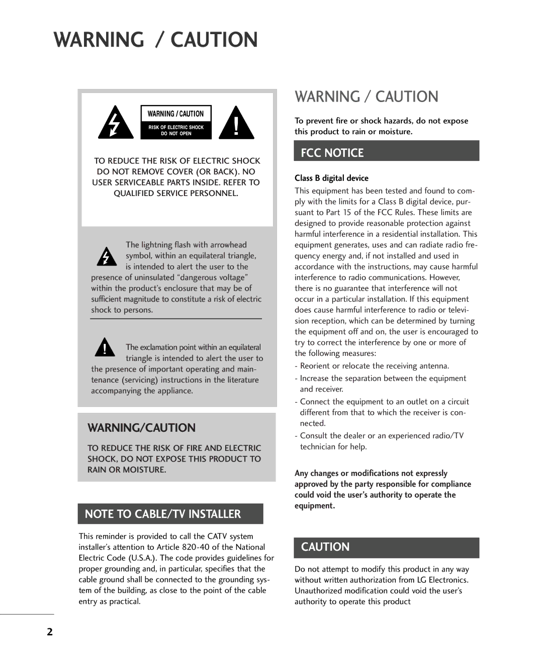 LG Electronics 20/23LS7DC, 60PC1DC, 42/50PC5DC, 26/32LC7DC operation manual FCC Notice 