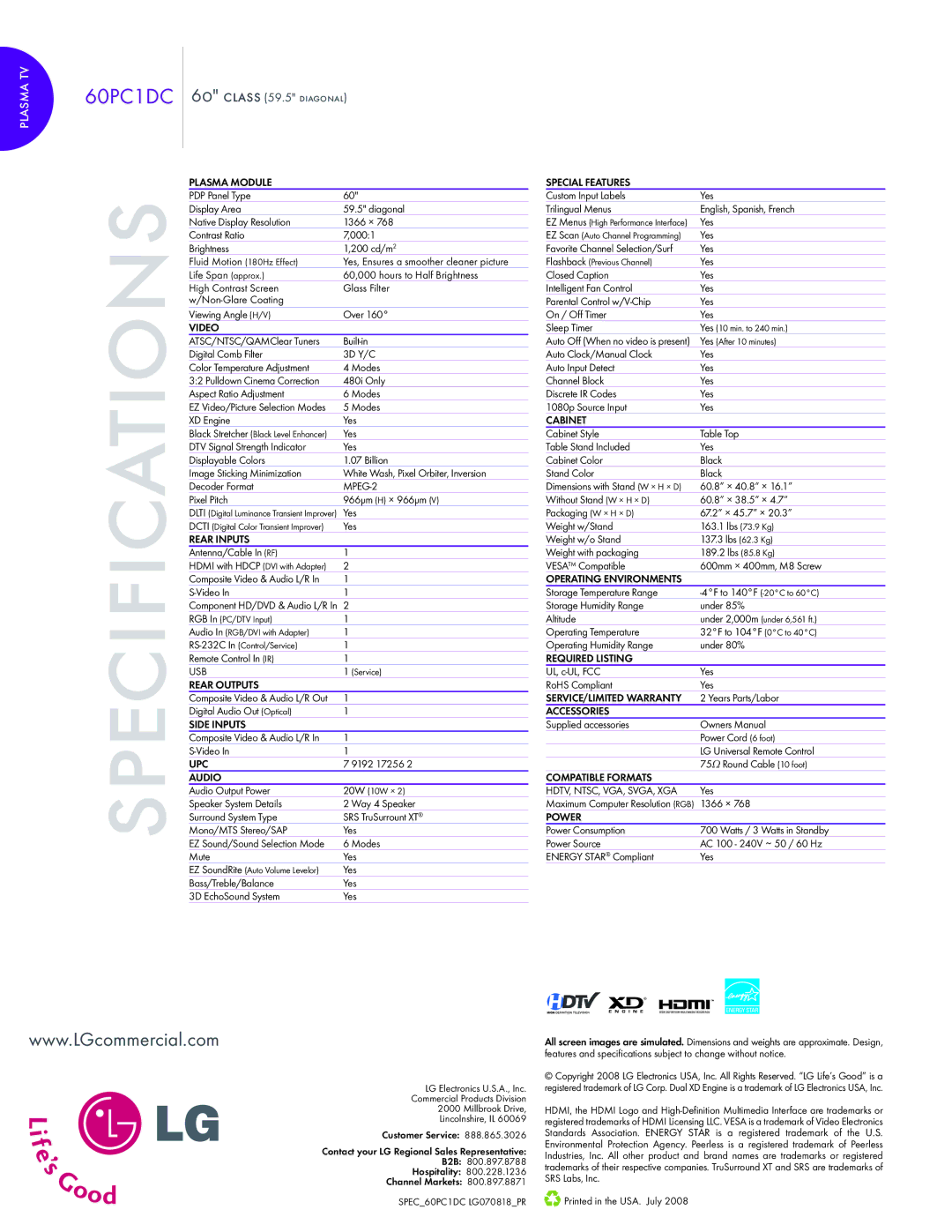 LG Electronics 60PC1DC warranty Specifications 