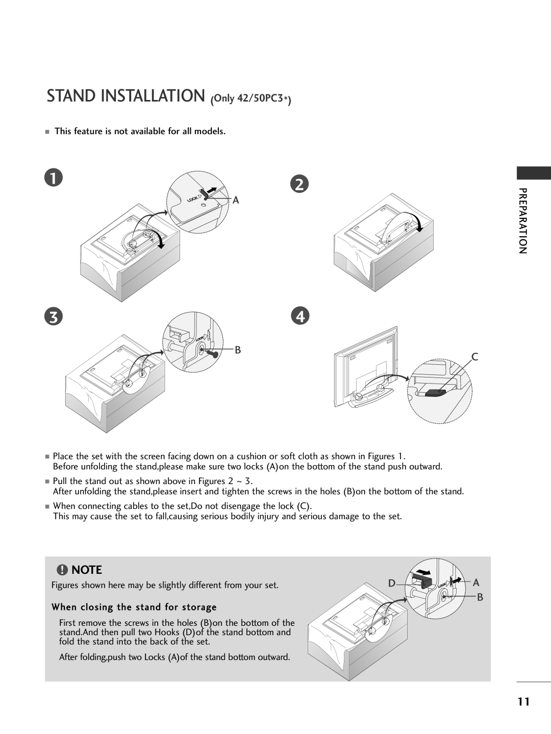 LG Electronics 50PC5, 60PC4, 42LC5, 37LC4 Stand Installation Only 42/50PC3, This feature is not available for all models 