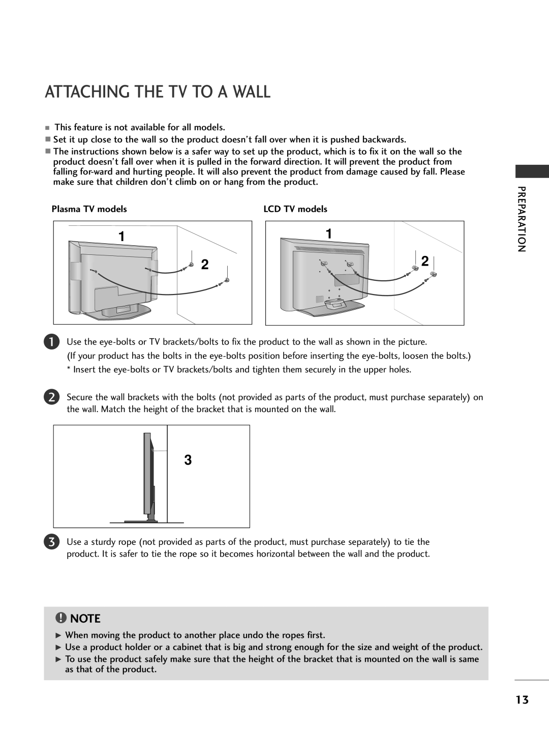 LG Electronics 50PC3, 60PC4, 42LC5, 37LC4, 37LC5, 32LC5, 26LB7, 26LC5 Attaching the TV to a Wall, Plasma TV models LCD TV models 