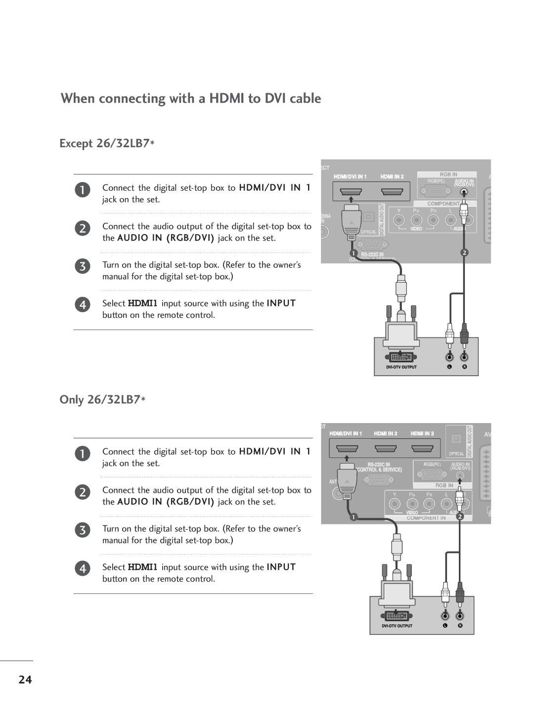 LG Electronics 42LC4, 60PC4, 42LC5, 37LC4, 37LC5, 32LC5, 26LB7, 26LC5, 26LC4, 32LC4, 32LB7 When connecting with a Hdmi to DVI cable 