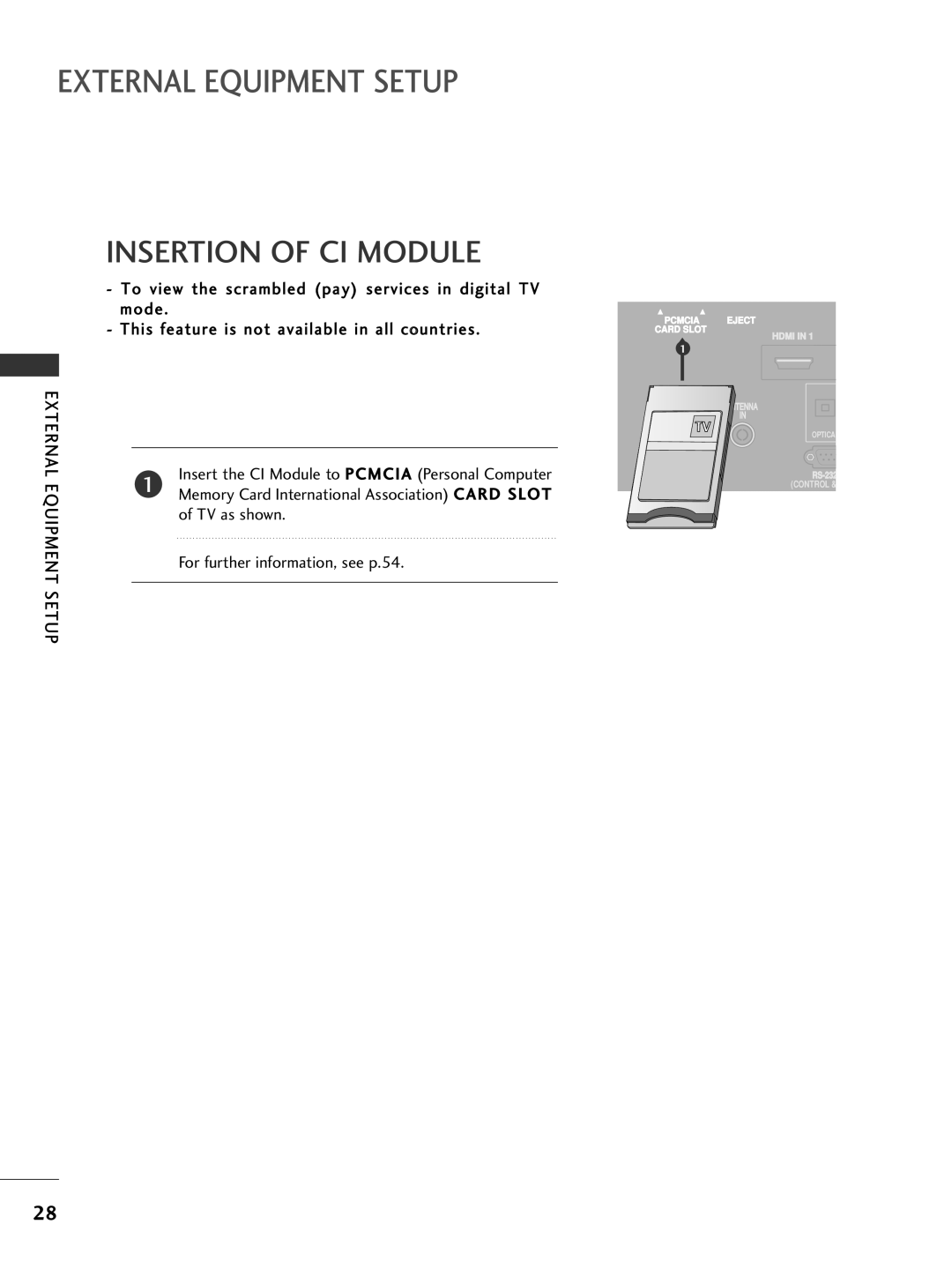 LG Electronics 50PB6, 60PC4, 42LC5, 37LC4 Insertion of CI Module, External, TV as shown For further information, see p.54 