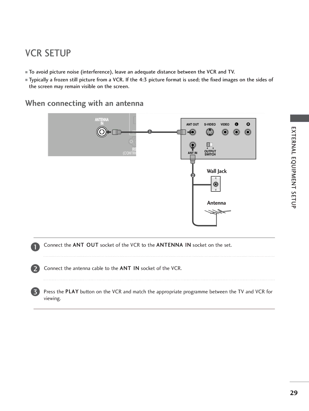 LG Electronics 50PC3, 60PC4, 42LC5, 37LC4, 37LC5, 32LC5, 26LB7 VCR Setup, When connecting with an antenna, Equipment Setup 