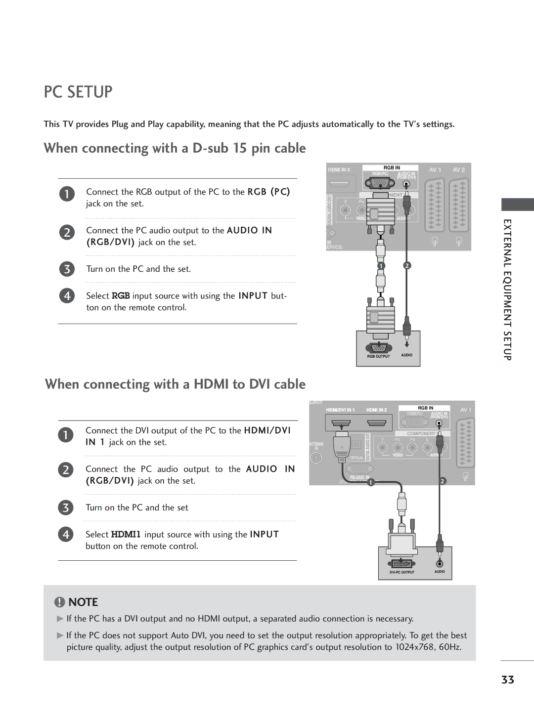 LG Electronics 37LC5, 60PC4, 42LC5, 37LC4, 32LC5, 26LB7, 26LC5, 26LC4, 32LC4 PC Setup, When connecting with a D-sub 15 pin cable 