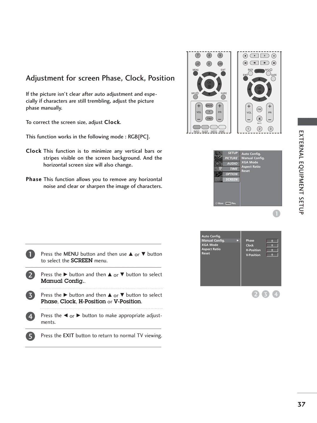 LG Electronics 26LC4, 60PC4, 42LC5, 37LC4, 37LC5, 32LC5, 26LB7, 26LC5 Manual Config, Phase, Clock, H-Position or V-Position 