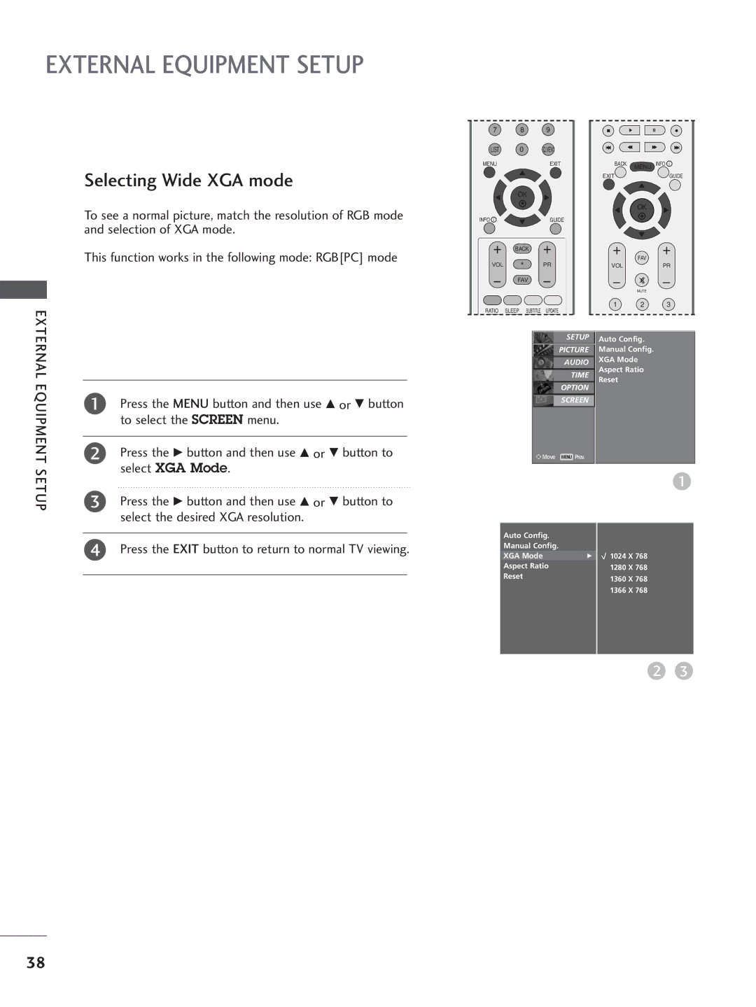 LG Electronics 32LC4, 60PC4, 42LC5, 37LC4, 37LC5, 32LC5, 26LB7, 26LC5, 26LC4 Select XGA Mode, Select the desired XGA resolution 