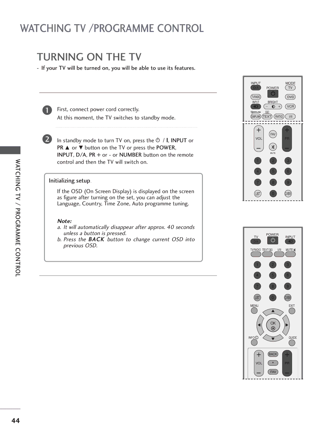 LG Electronics 50PB6, 60PC4, 42LC5, 37LC4, 37LC5, 32LC5, 26LB7, 26LC5, 26LC4, 32LC4, 32LB7, 42LC4, 42PC3 Turning on the TV, Control 