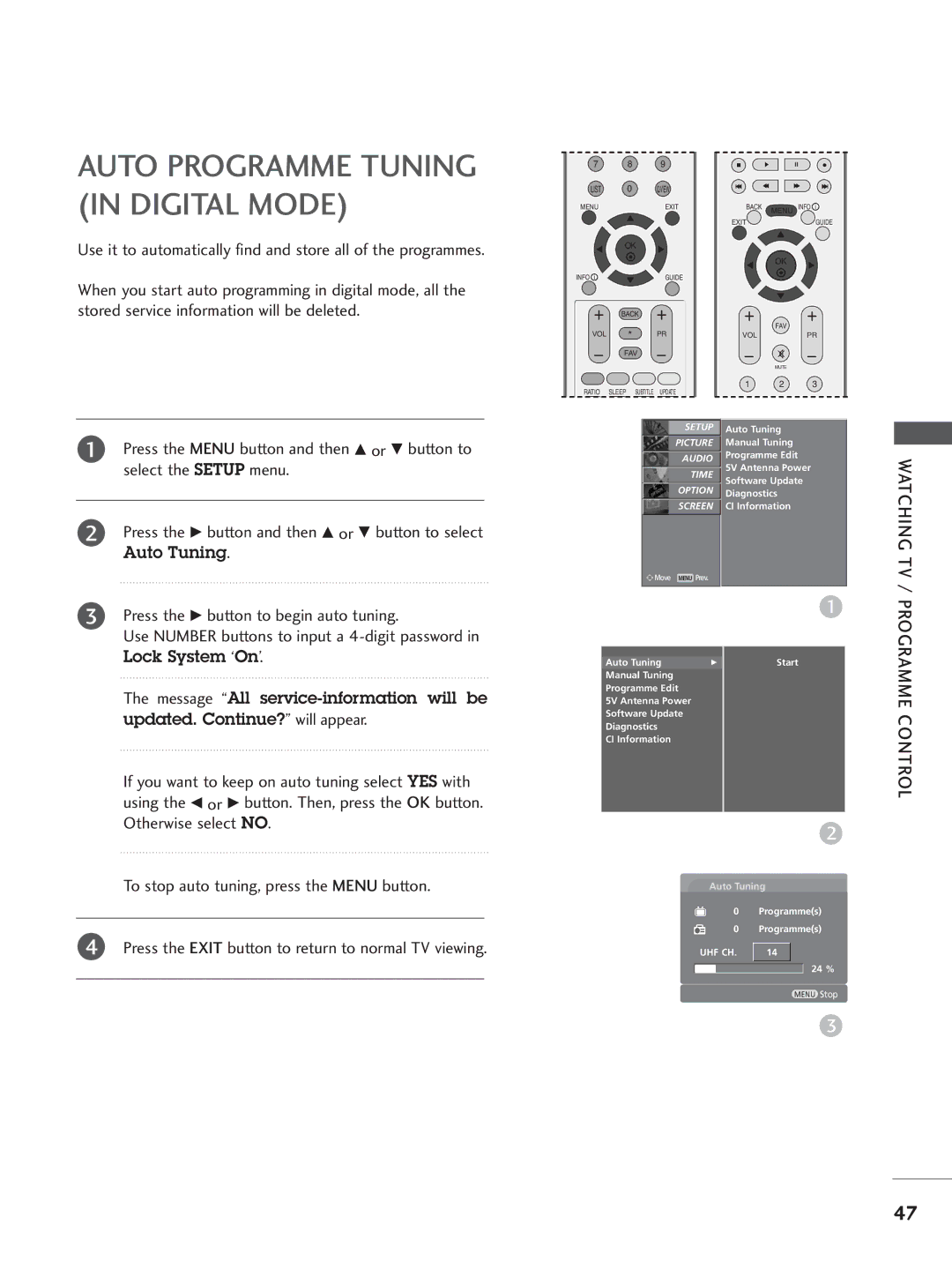 LG Electronics 42LC5, 60PC4 Watching TV, Press the G button to begin auto tuning, Otherwise select no, Programme Control 