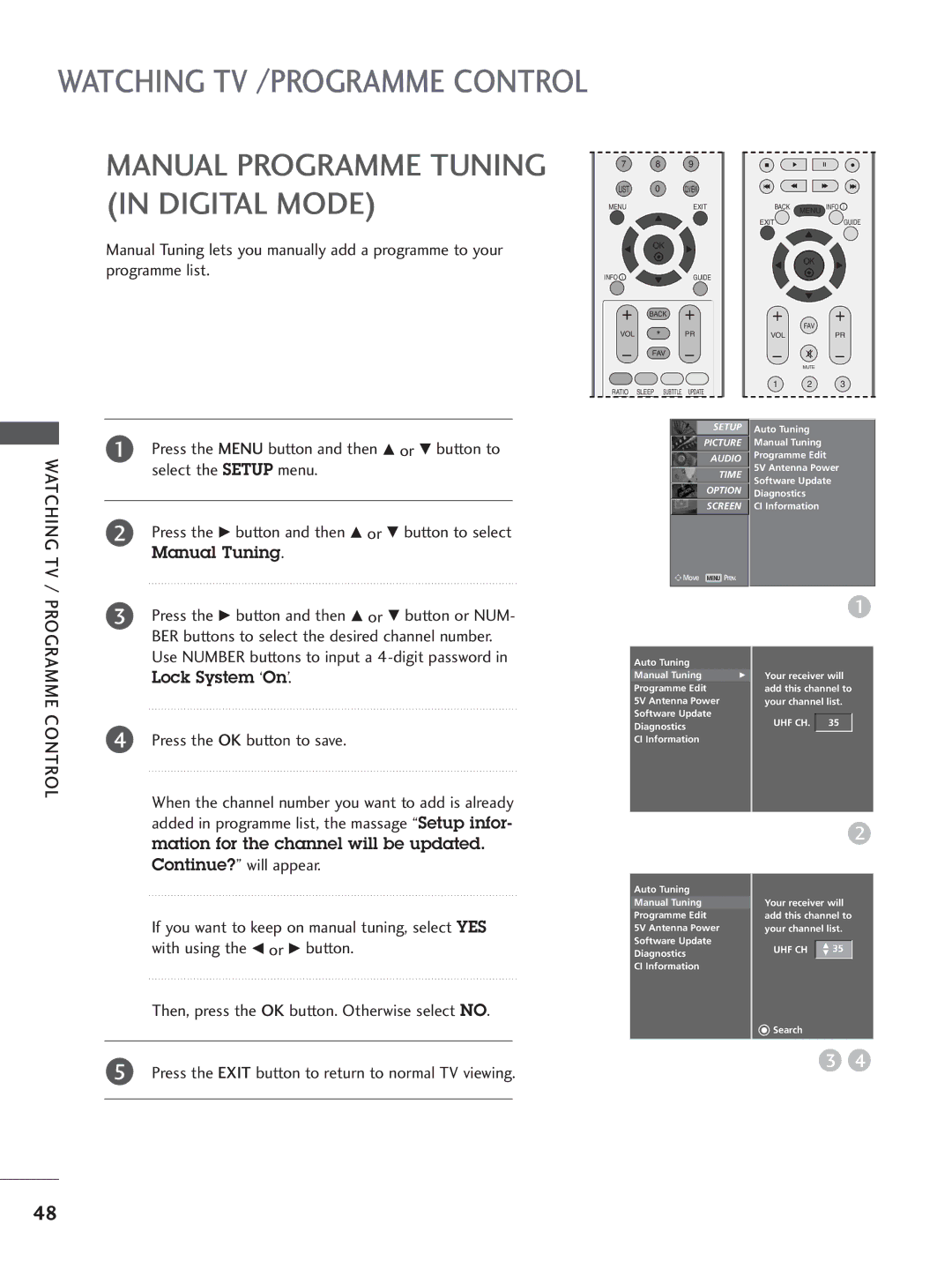 LG Electronics 37LC4, 60PC4, 42LC5, 37LC5 Manual Programme Tuning in Digital Mode, Select the Setup menu, Manual Tuning 