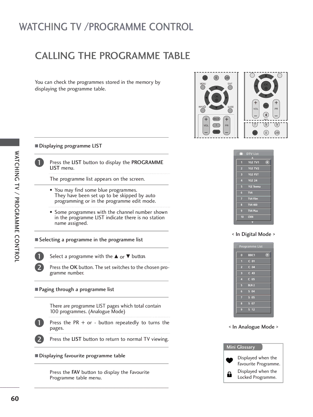 LG Electronics 50PB6, 60PC4, 42LC5, 37LC4, 37LC5, 32LC5, 26LB7, 26LC5 Calling the Programme Table, Digital Mode, Analogue Mode 