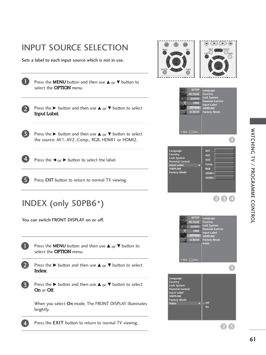 LG Electronics 50PC3, 60PC4, 42LC5, 37LC4, 37LC5, 32LC5, 26LB7, 26LC5 Input Source Selection, Input Label, Index, On or Off 