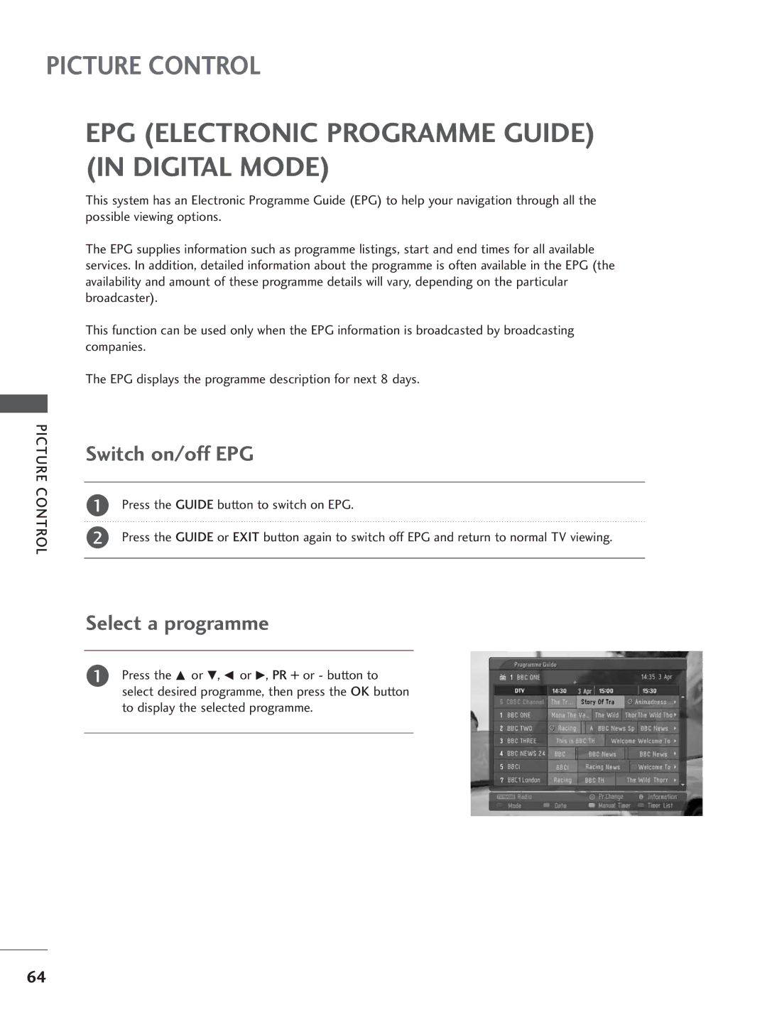 LG Electronics 37LC4, 60PC4, 42LC5, 37LC5, 32LC5, 26LB7, 26LC5, 26LC4 Switch on/off EPG, Select a programme, Picture Control 
