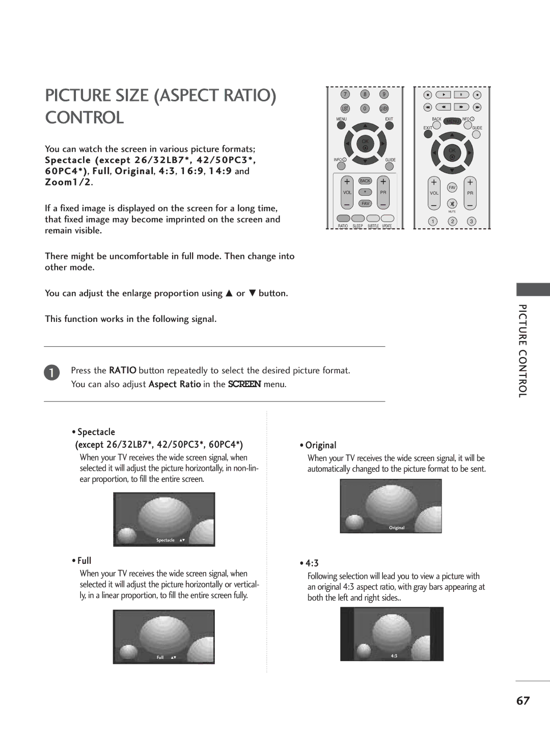 LG Electronics 26LB7, 60PC4, 42LC5, 37LC4, 37LC5, 32LC5, 26LC5, 26LC4, 32LC4, 32LB7, 42LC4, 42PC3 Picture Size Aspect Ratio Control 