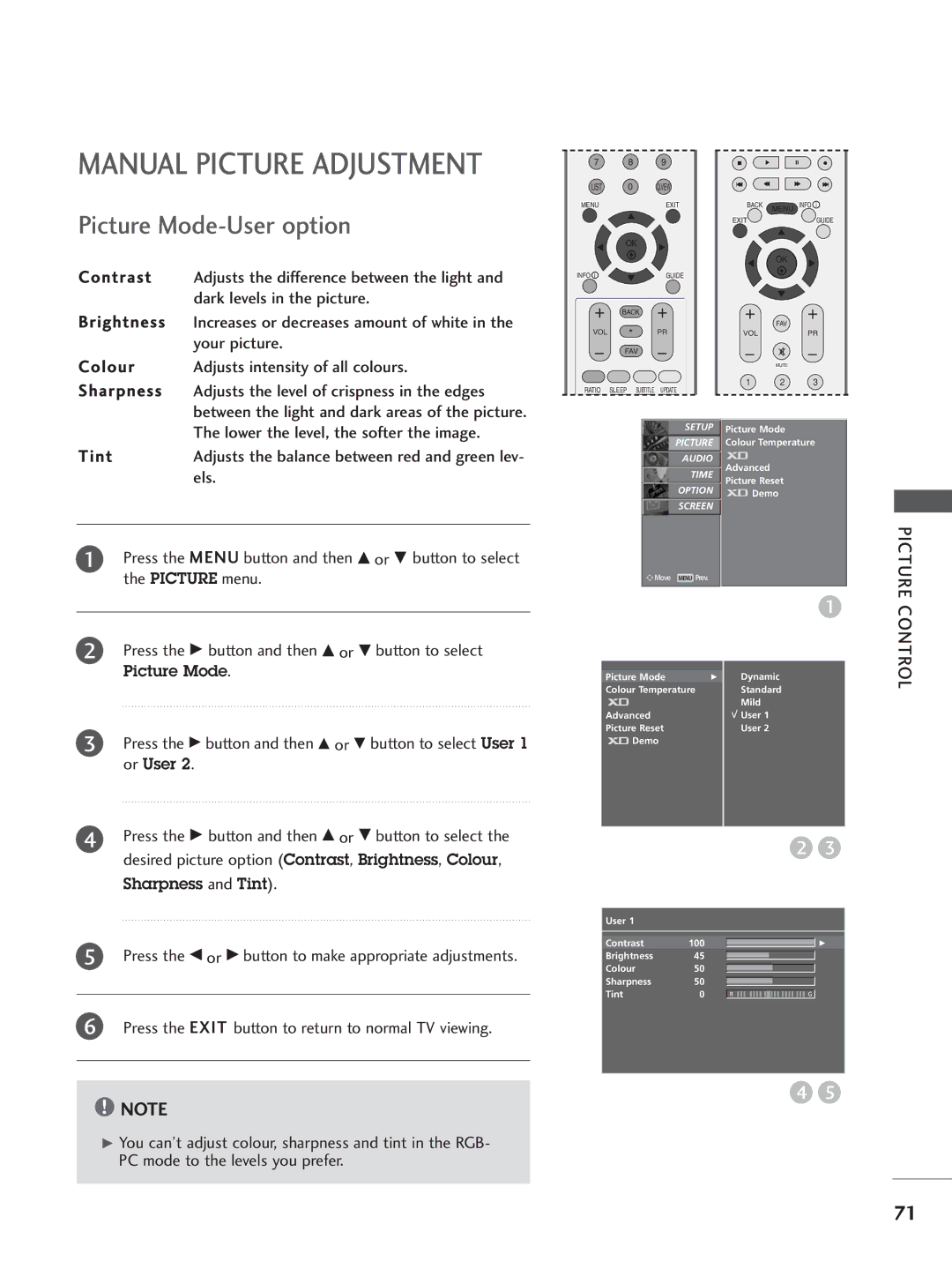 LG Electronics 32LB7, 60PC4, 42LC5, 37LC4, 37LC5, 32LC5, 26LB7 Your picture, Lower the level, the softer the image, Tint, Els 