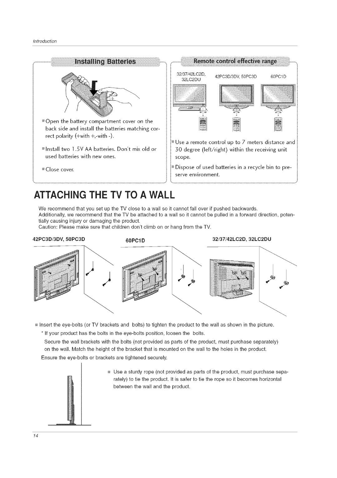 LG Electronics 60PCLD owner manual Attaching the TV to a Wall 