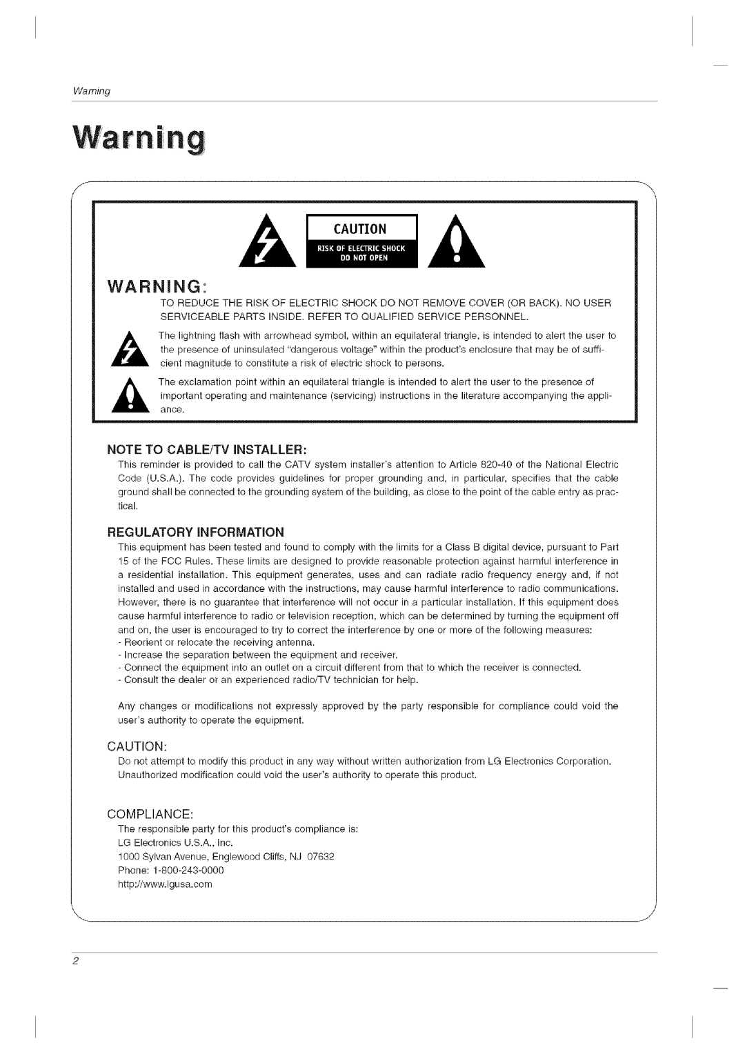 LG Electronics 60PCLD owner manual Regulatory Information 