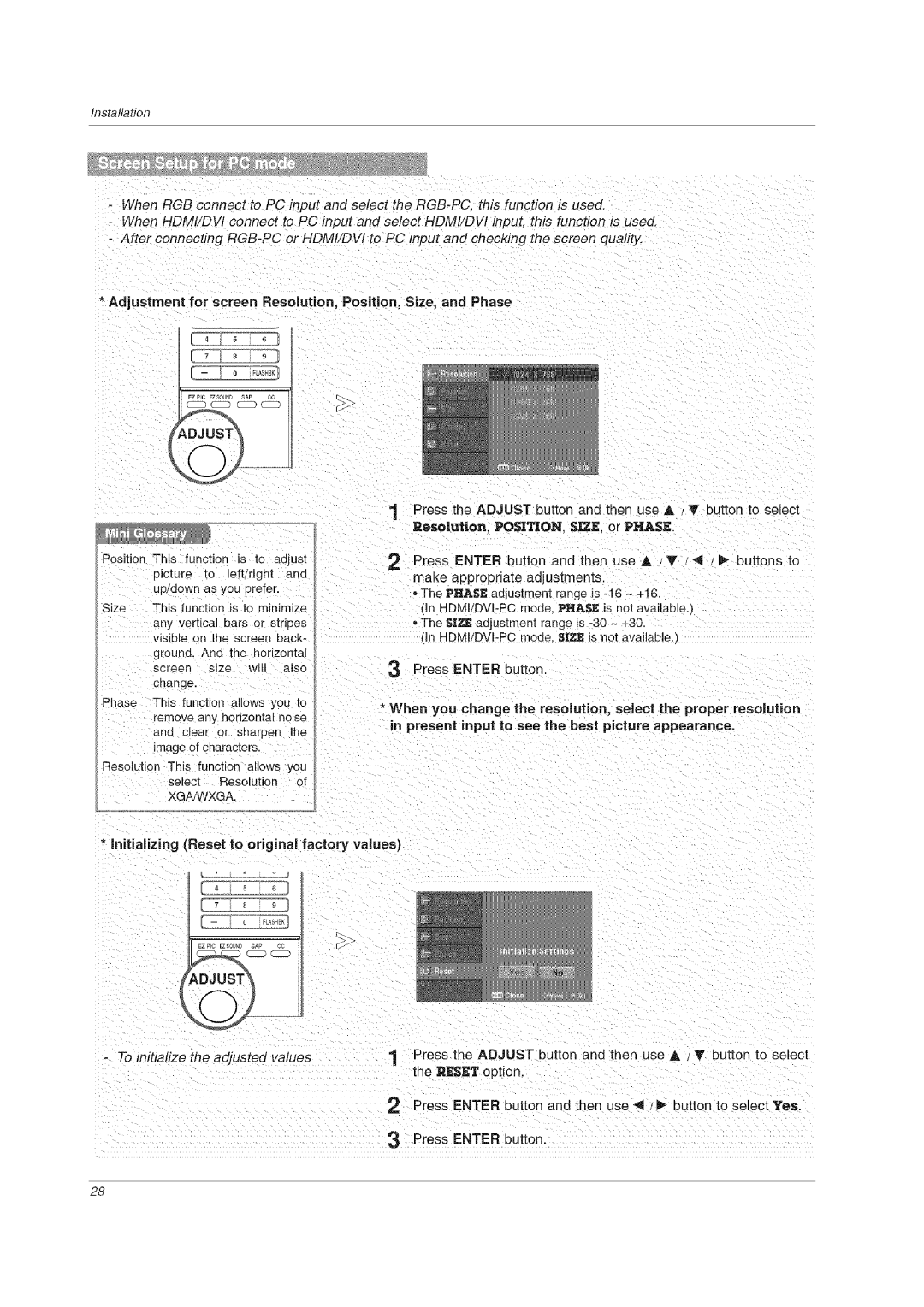 LG Electronics 60PCLD owner manual Adjustment for screen Resolution, Position, Size, and Phase 