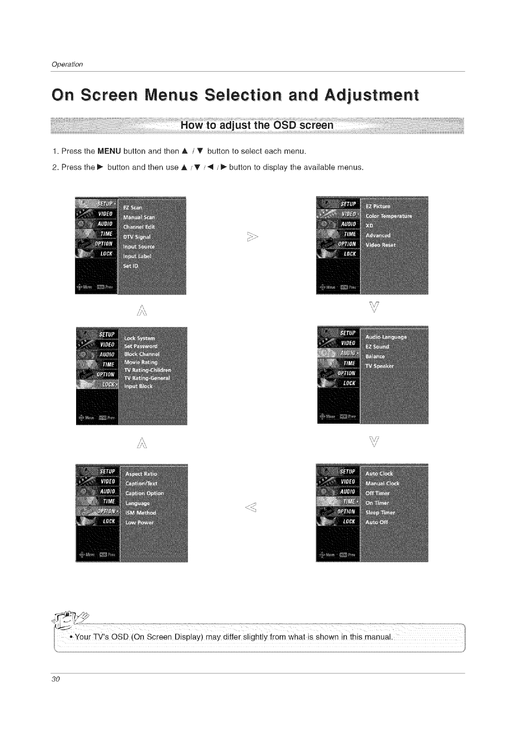 LG Electronics 60PCLD owner manual On Screen M e n u s Se Ie c io n a n d Adjustment 