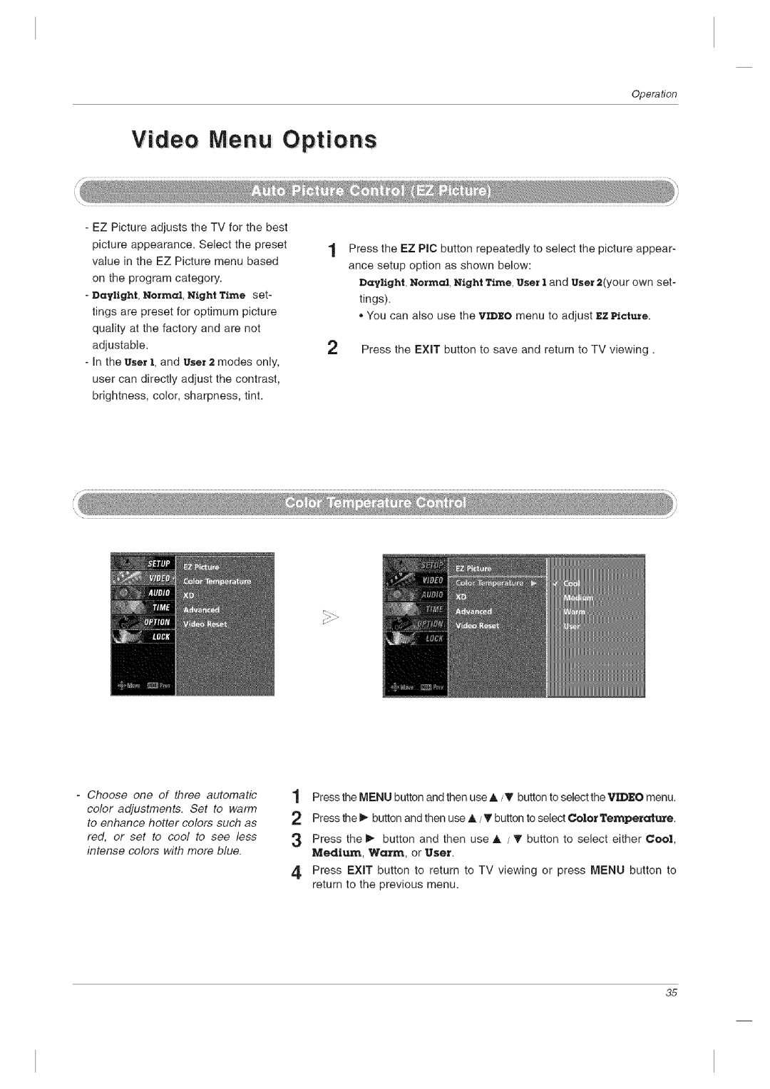 LG Electronics 60PCLD owner manual Video Menu Options, Daylight, Normal, Night Time, User I and User 2your own set 