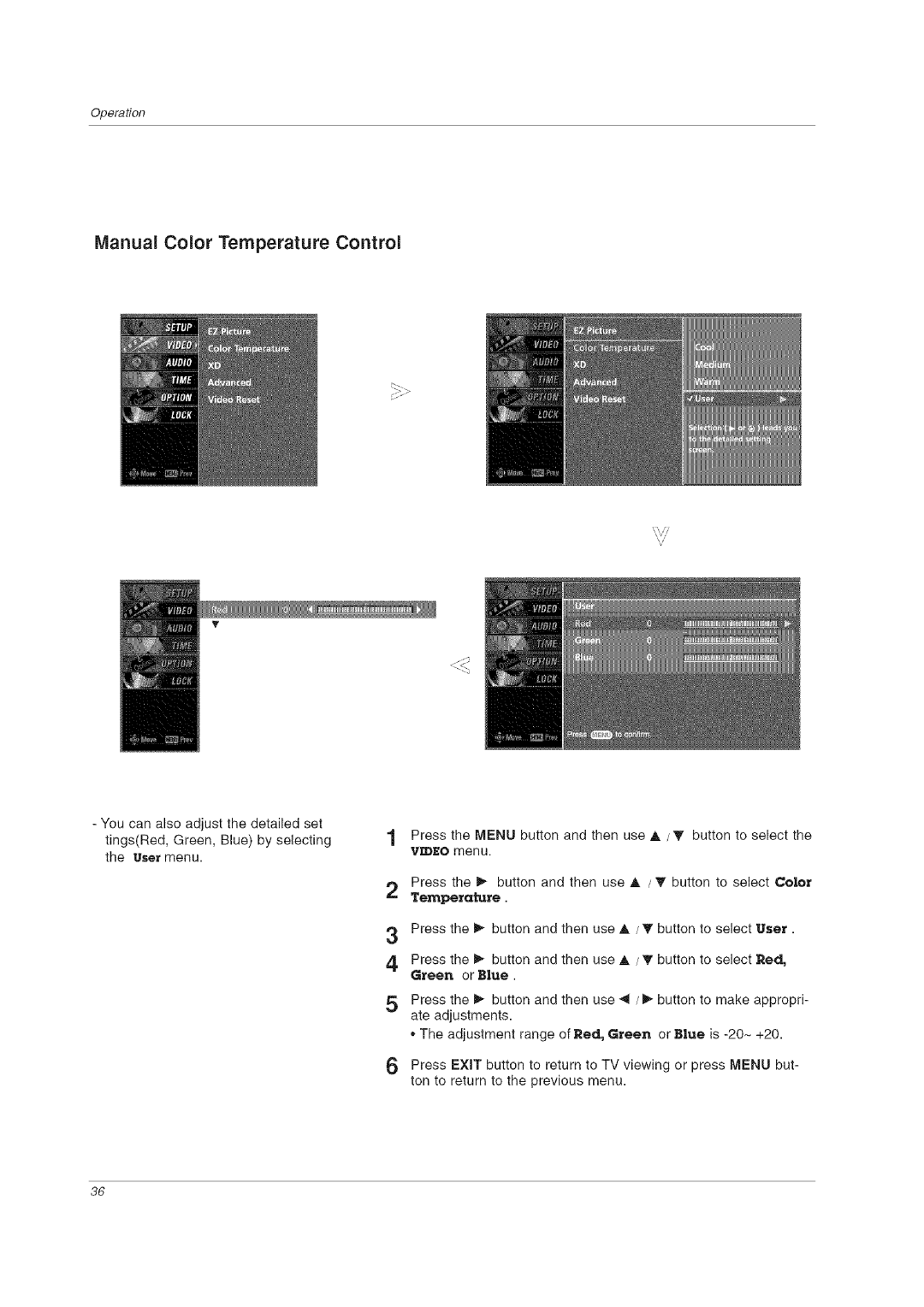 LG Electronics 60PCLD owner manual Manual Color Temperature Control 