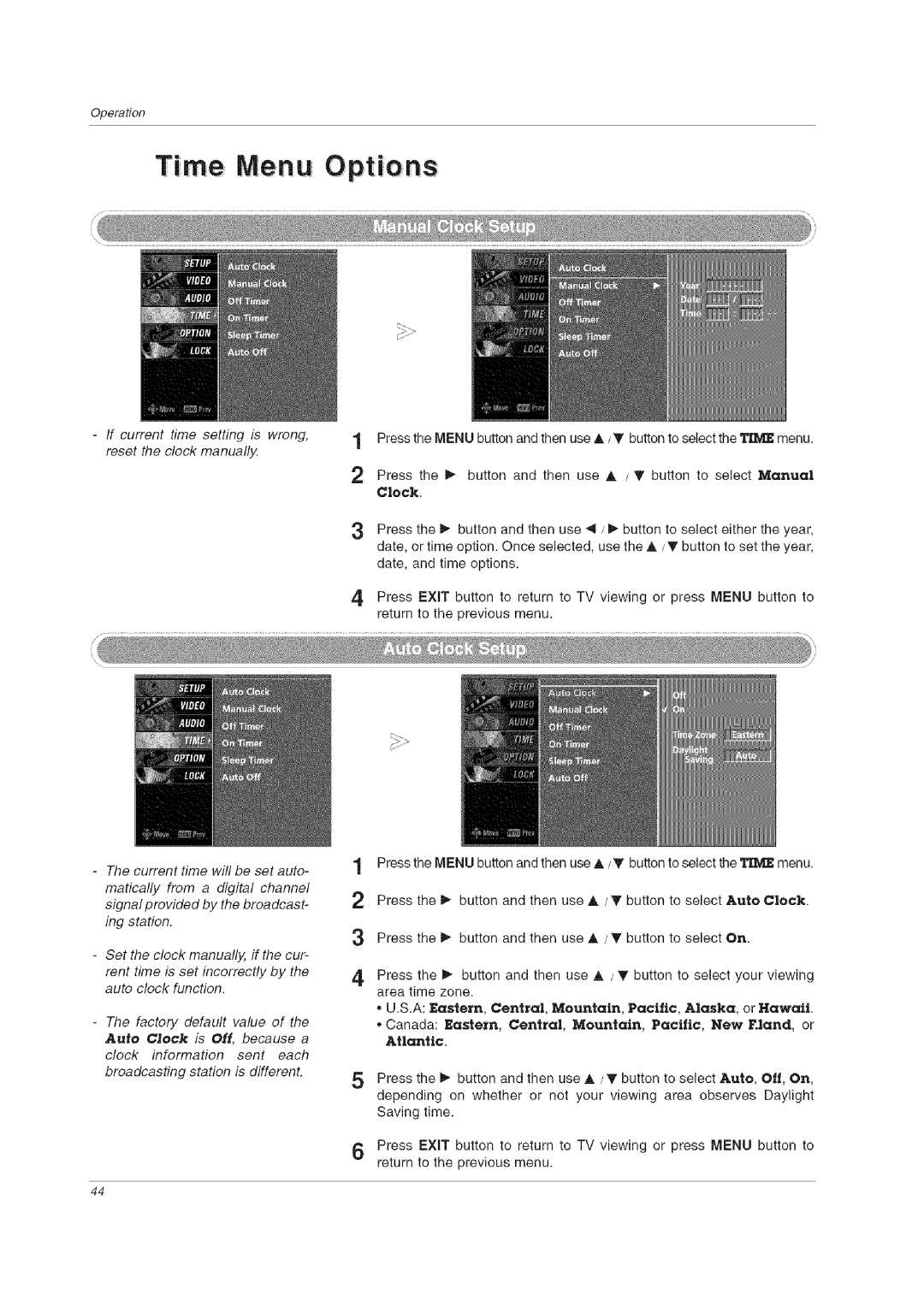 LG Electronics 60PCLD owner manual Time Menu Opt i ons, Clock, Atlantic 