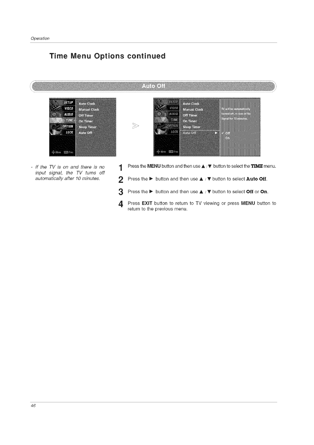 LG Electronics 60PCLD owner manual Time Menu Options 