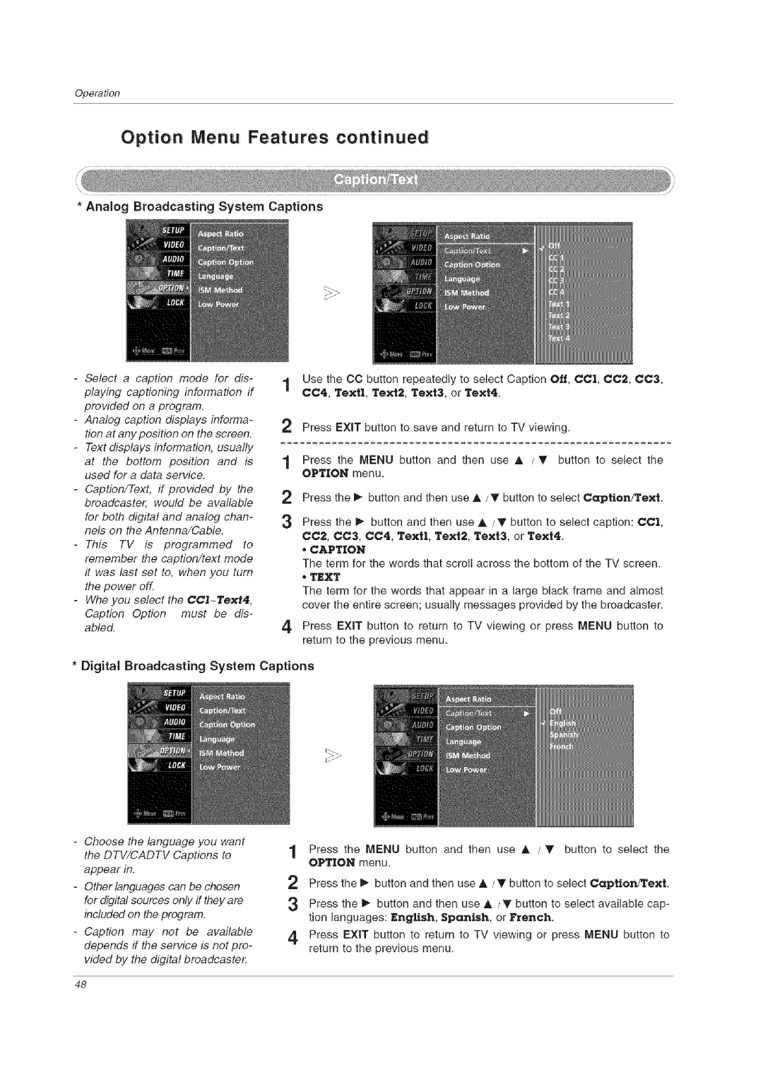 LG Electronics 60PCLD owner manual Option Menu Features 