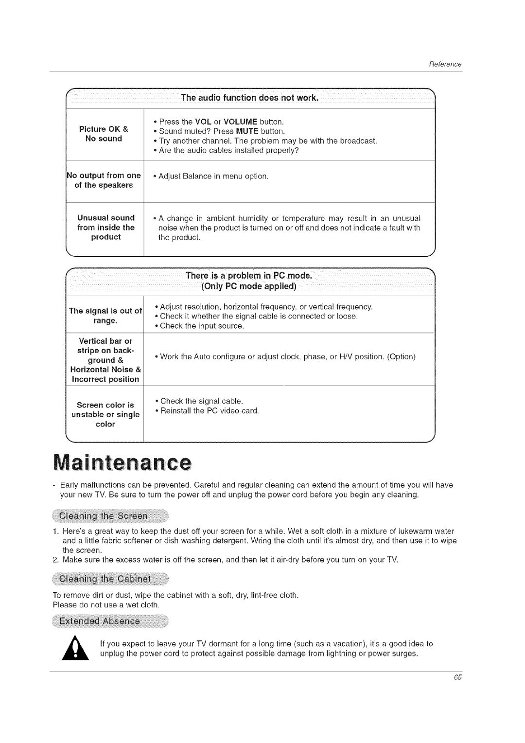 LG Electronics 60PCLD owner manual Unusual sound, Signal is out Range, Screen color is, Color 