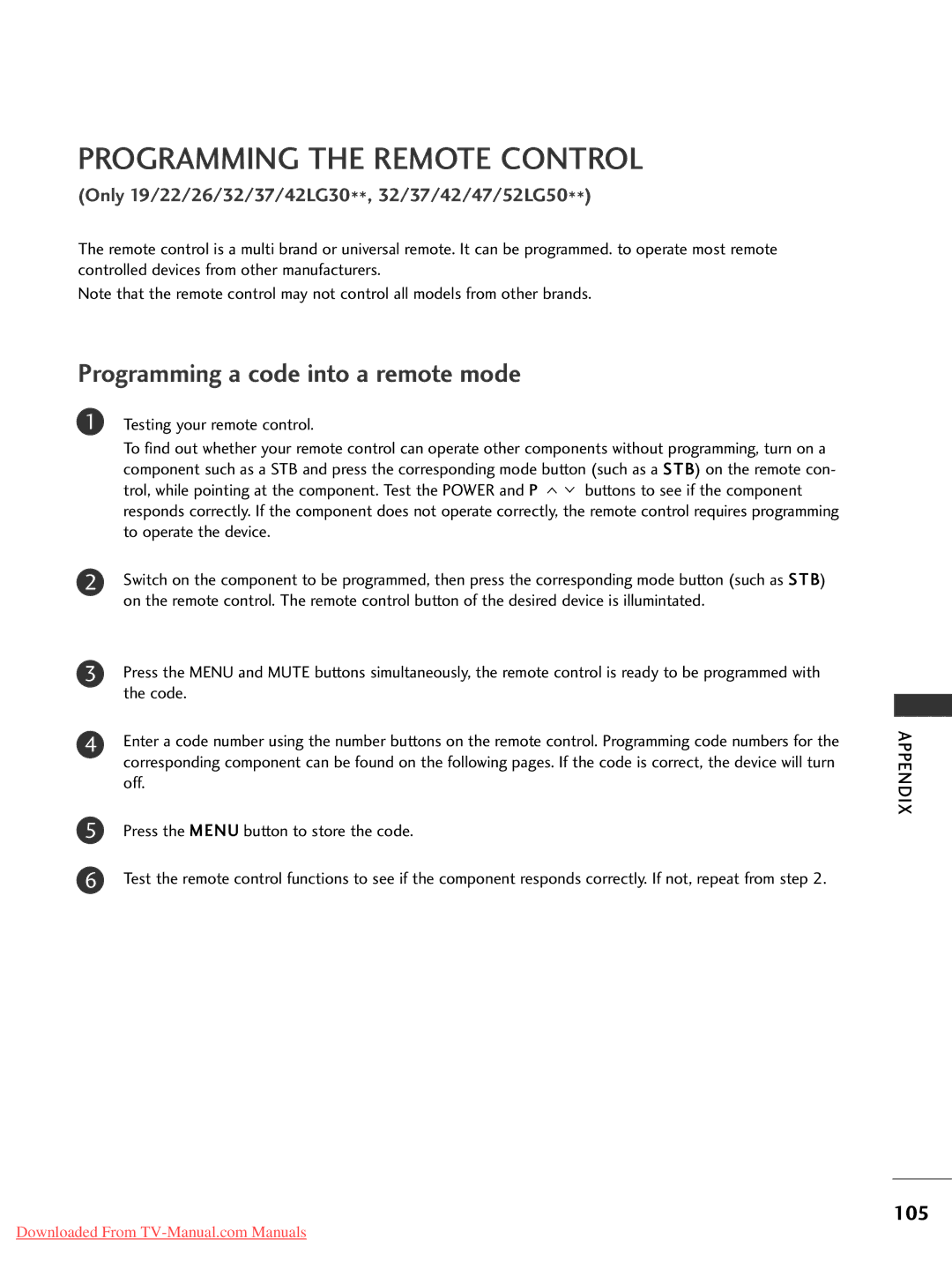 LG Electronics 37LG30 Programming the Remote Control, Programming a code into a remote mode, Testing your remote control 