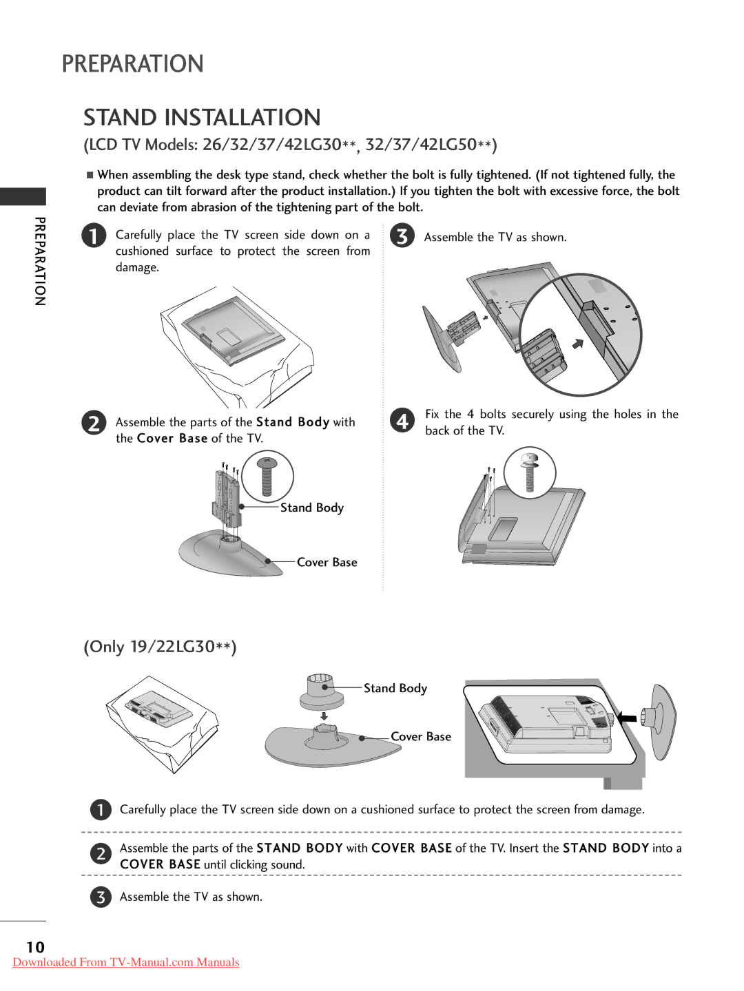 LG Electronics 22LG30, 60PG30, 50PG20, 42PG30, 42PG10 Stand Installation, Back of the TV, Cover Base of the TV Stand Body 