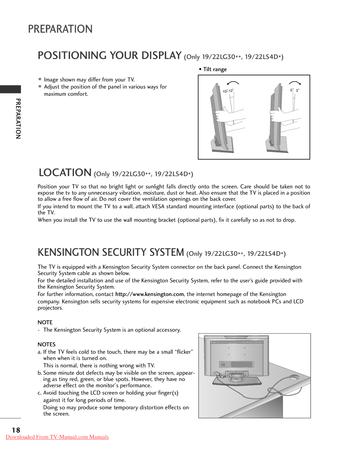 LG Electronics 60PG30, 50PG20, 42PG30, 42PG10, 42PG20, 42LG30 Positioning Your Display Only 19/22LG30**, 19/22LS4D, Tilt range 