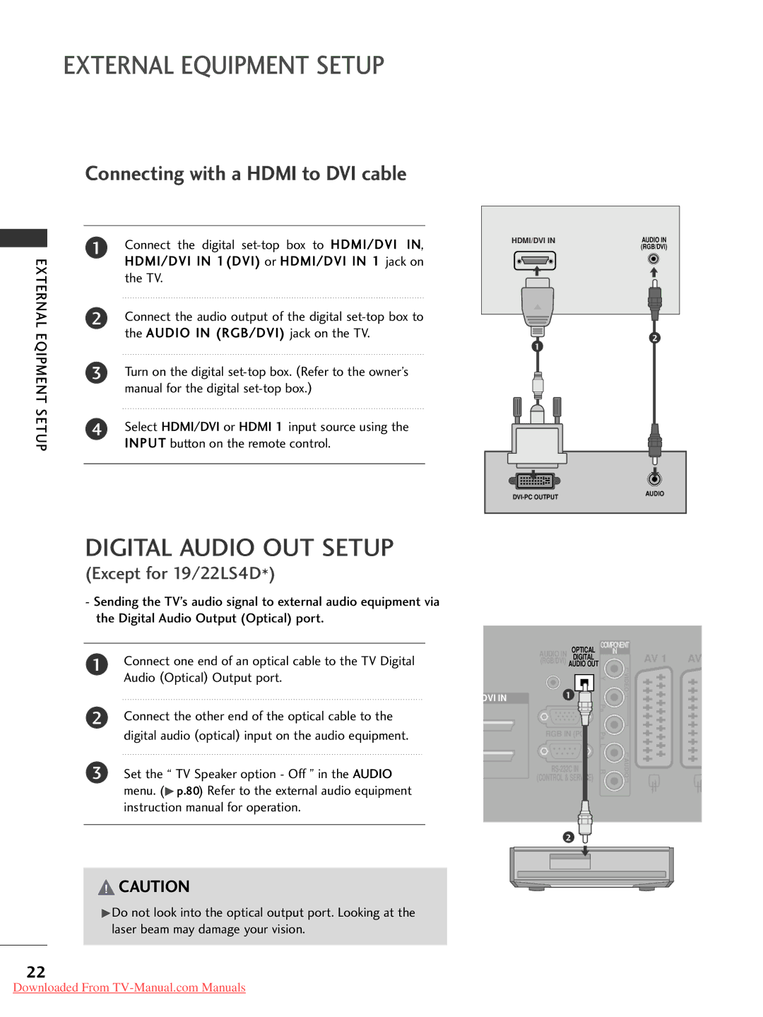 LG Electronics 42PG20, 60PG30, 50PG20, 42PG30, 42PG10 Digital Audio OUT Setup, Connecting with a Hdmi to DVI cable, External 