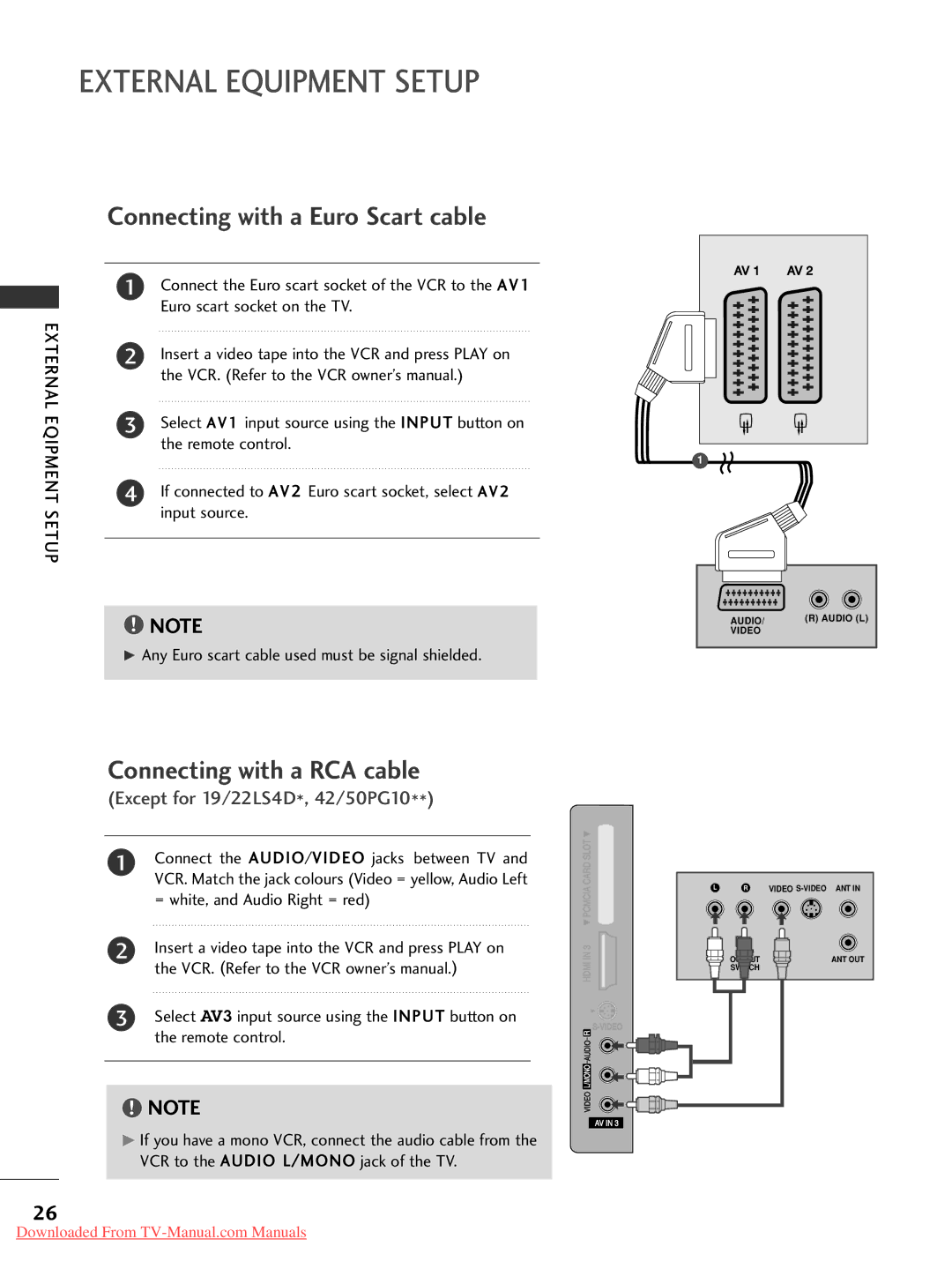 LG Electronics 32LG30, 60PG30 Connecting with a RCA cable, Eqipment, If connected to AV2 Euro scart socket, select AV2 