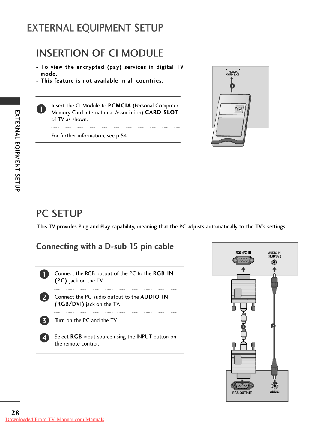 LG Electronics 26LG30, 60PG30 Insertion of CI Module, PC Setup, Connecting with a D-sub 15 pin cable, Eqipment Setup 