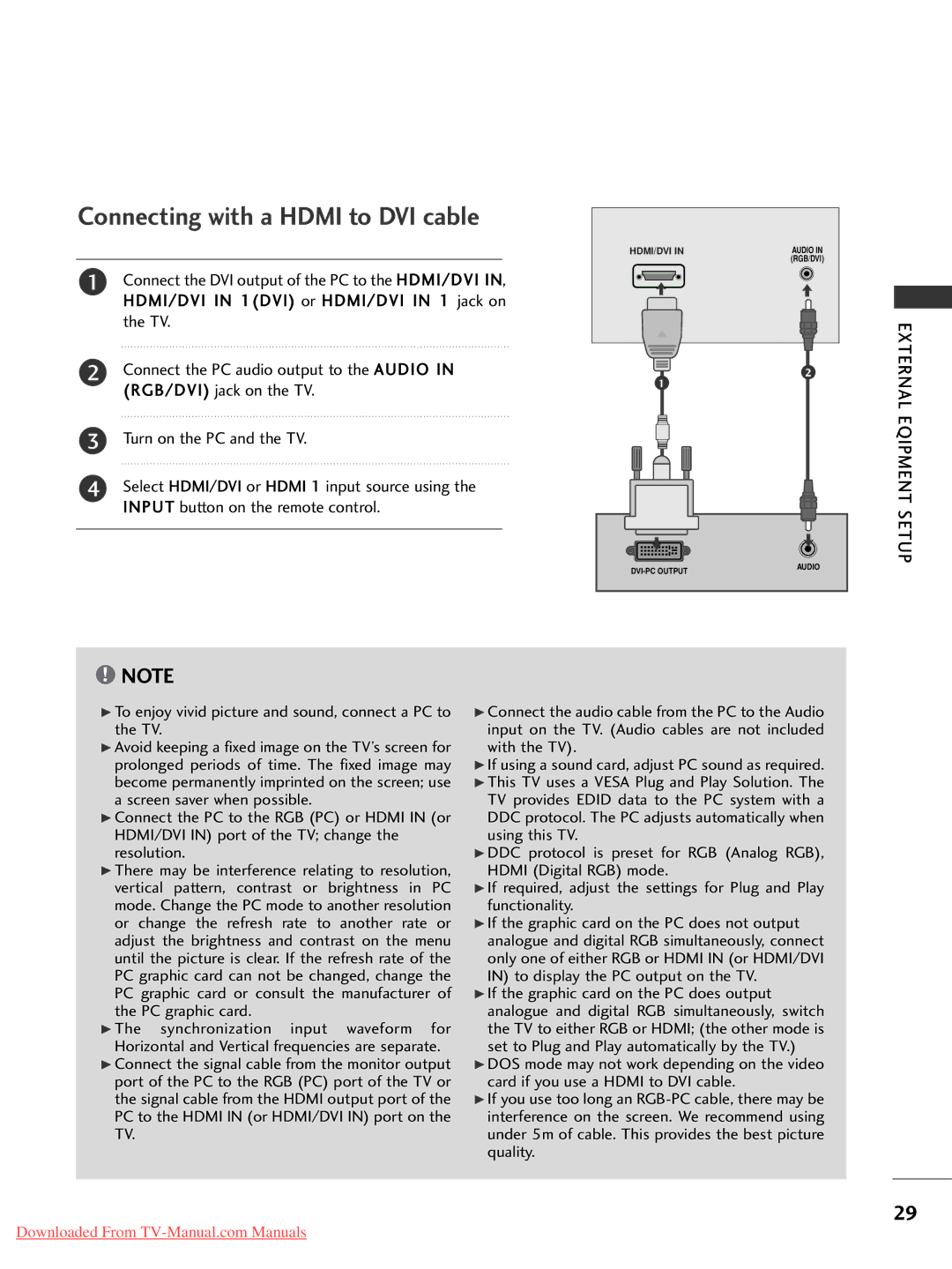 LG Electronics 22LS4D, 60PG30, 50PG20, 42PG30, 42PG10, 42PG20, 42LG30, 37LG50, 37LG30, 32LG30 Connecting with a Hdmi to DVI cable 