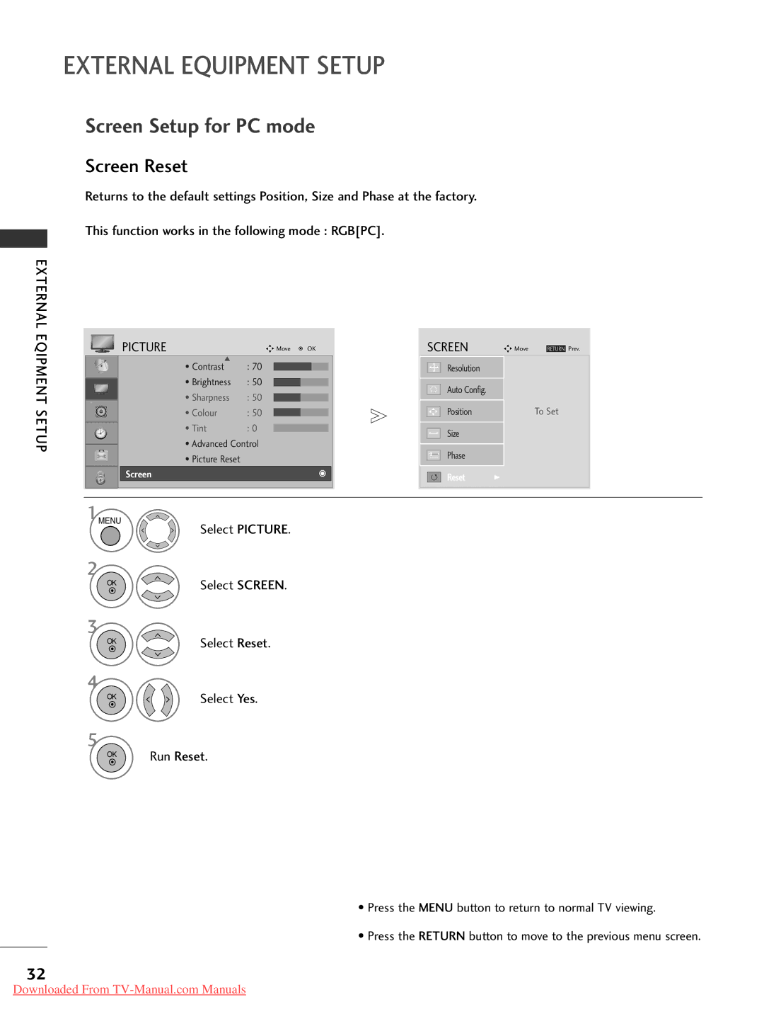 LG Electronics 47LG50, 60PG30, 50PG20, 42PG30, 42PG10, 42PG20 Screen Setup for PC mode, Select Reset, Select Yes, Run Reset 