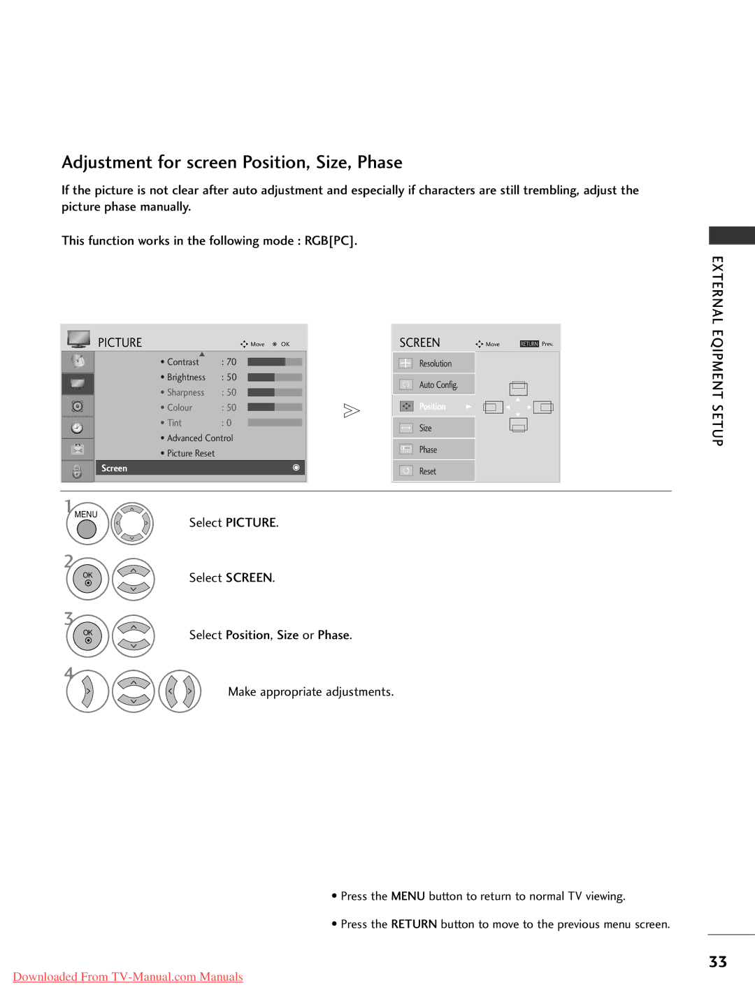 LG Electronics 50PG10, 60PG30, 50PG20, 42PG30, 42PG10, 42PG20 Select Picture, Select Screen, Select Position, Size or Phase 