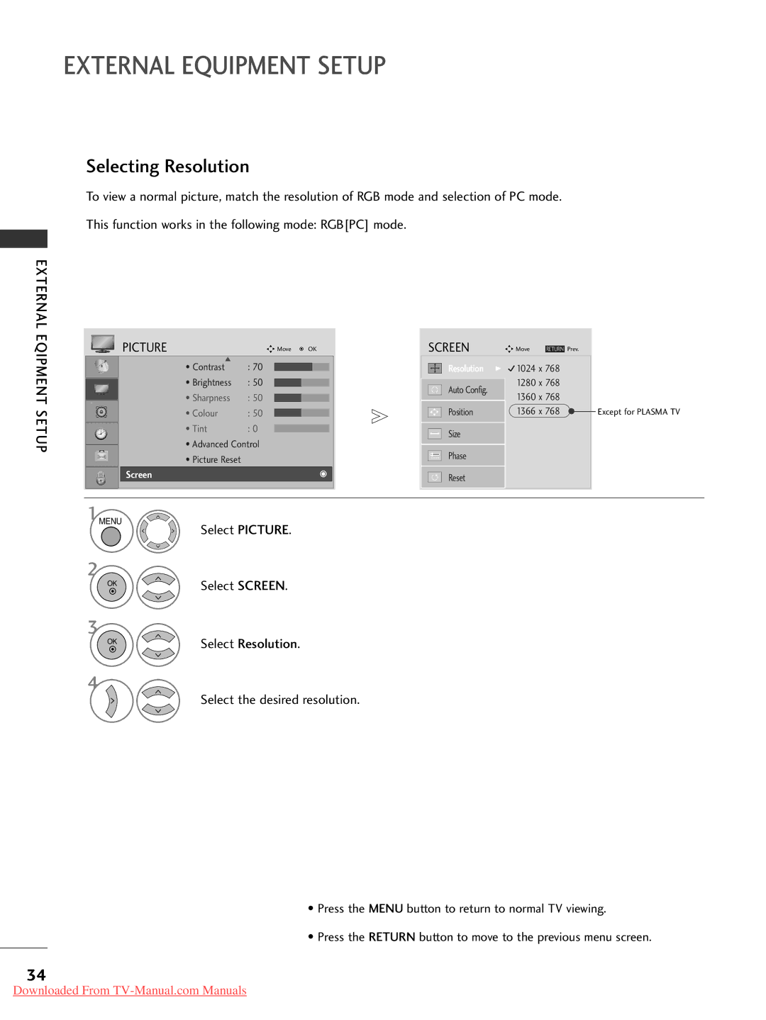 LG Electronics 50PG30, 60PG30, 50PG20, 42PG30, 42PG10, 42PG20, 42LG30, 37LG50, 37LG30 Selecting Resolution, Select Resolution 