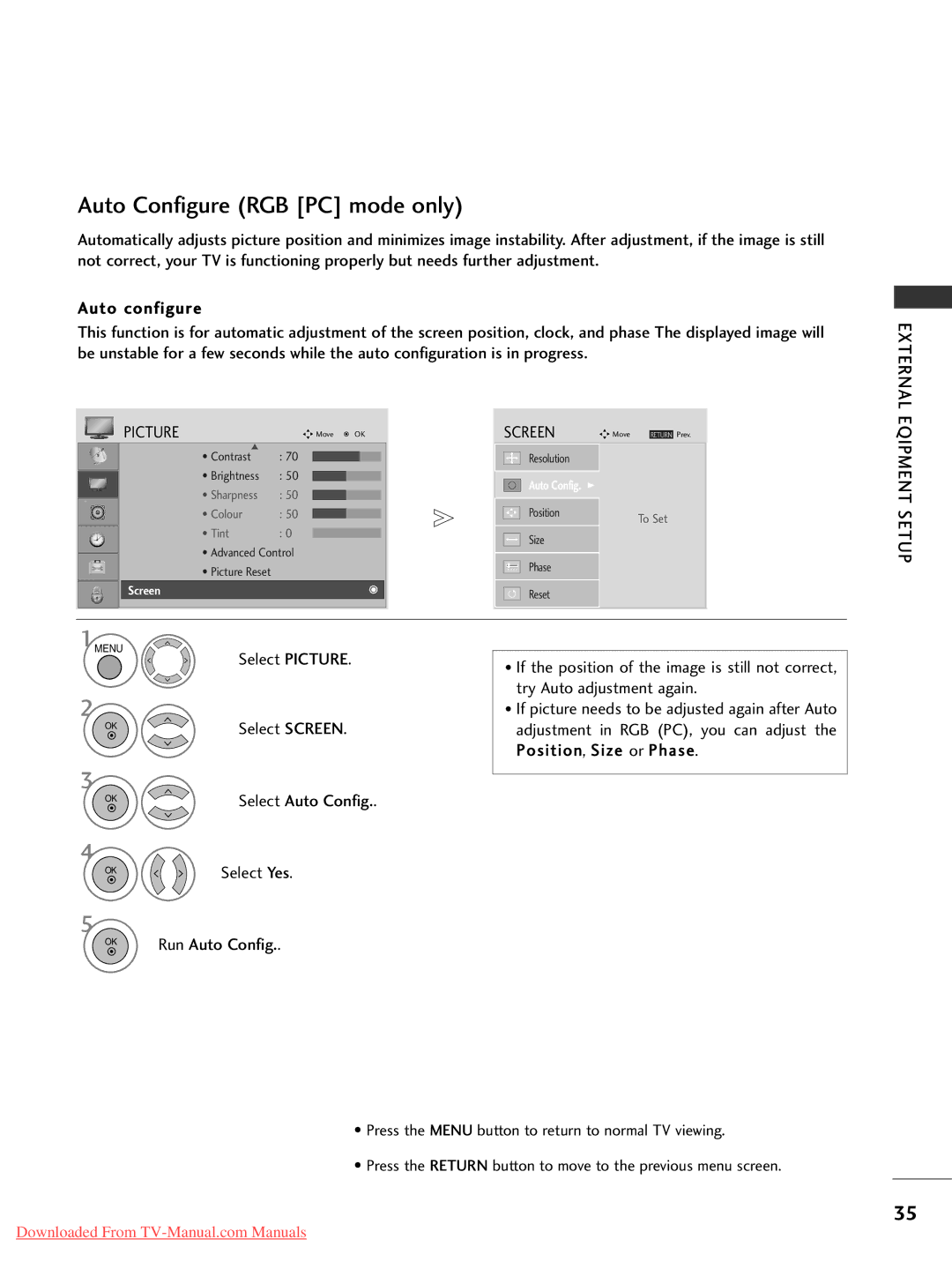 LG Electronics 52LG50, 60PG30, 50PG20, 42PG30, 42PG10, 42PG20, 42LG30, 37LG50 Auto Configure RGB PC mode only, Select Picture 