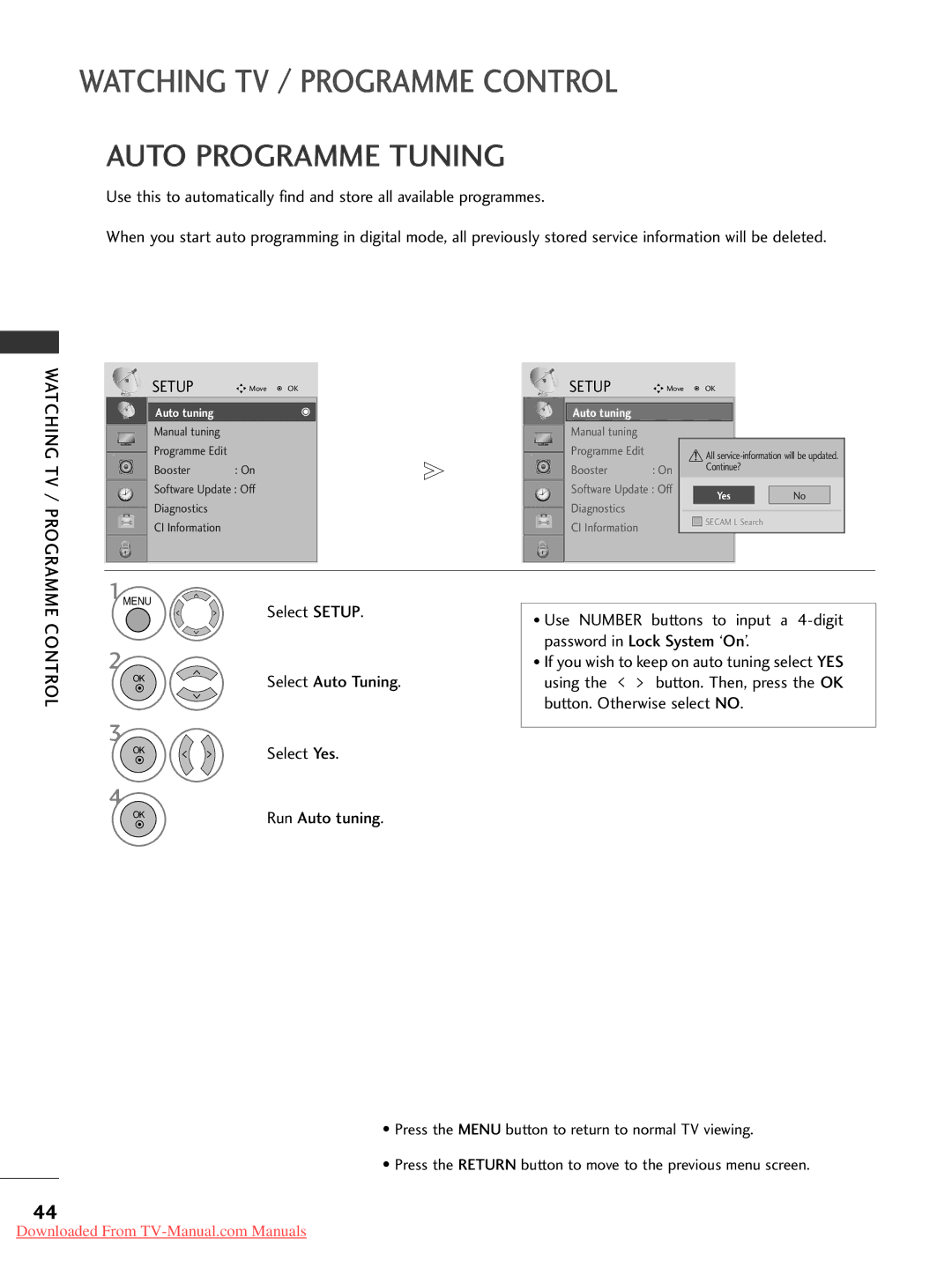 LG Electronics 37LG50, 60PG30, 50PG20, 42PG30, 42PG10, 42PG20, 42LG30, 37LG30, 32LG30, 32LG50 Auto Programme Tuning, Select Setup 