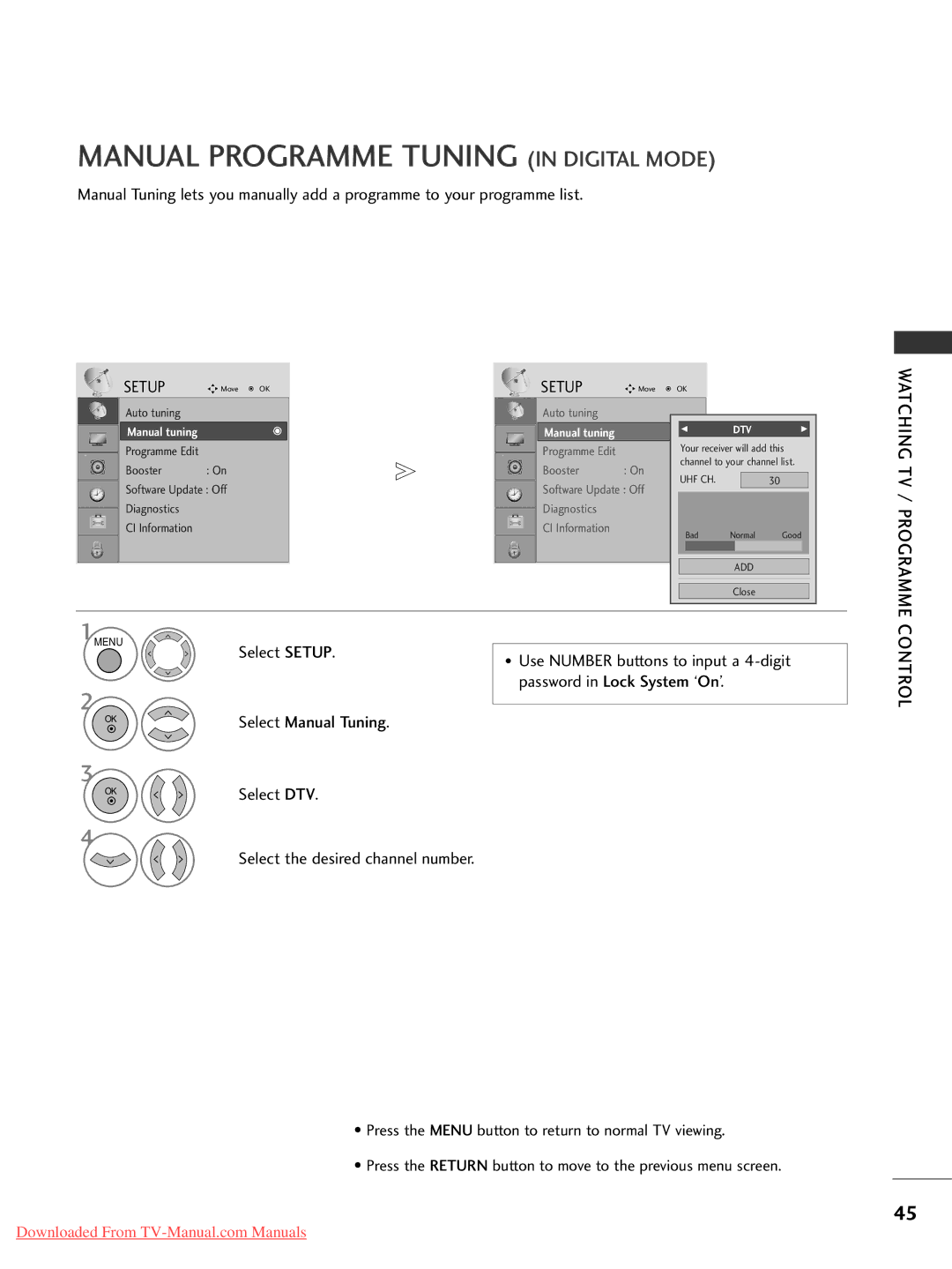 LG Electronics 37LG30, 60PG30 Manual Programme Tuning in Digital Mode, Watching TV / Programme, Select Setup, Select DTV 