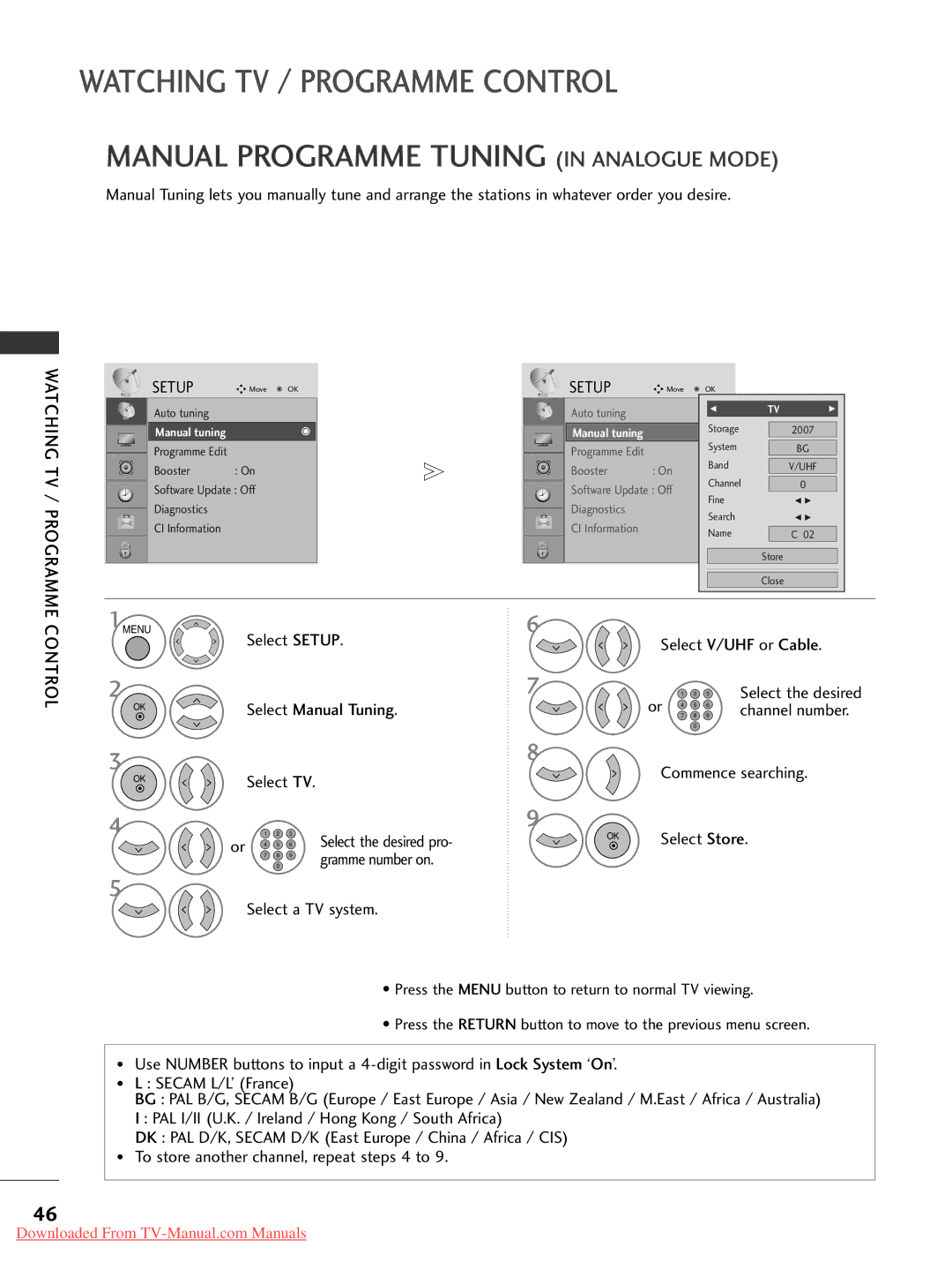 LG Electronics 32LG30, 60PG30, 50PG20, 42PG30, 42PG10 Manual Programme Tuning in Analogue Mode, Watching TV / Programme Setup 