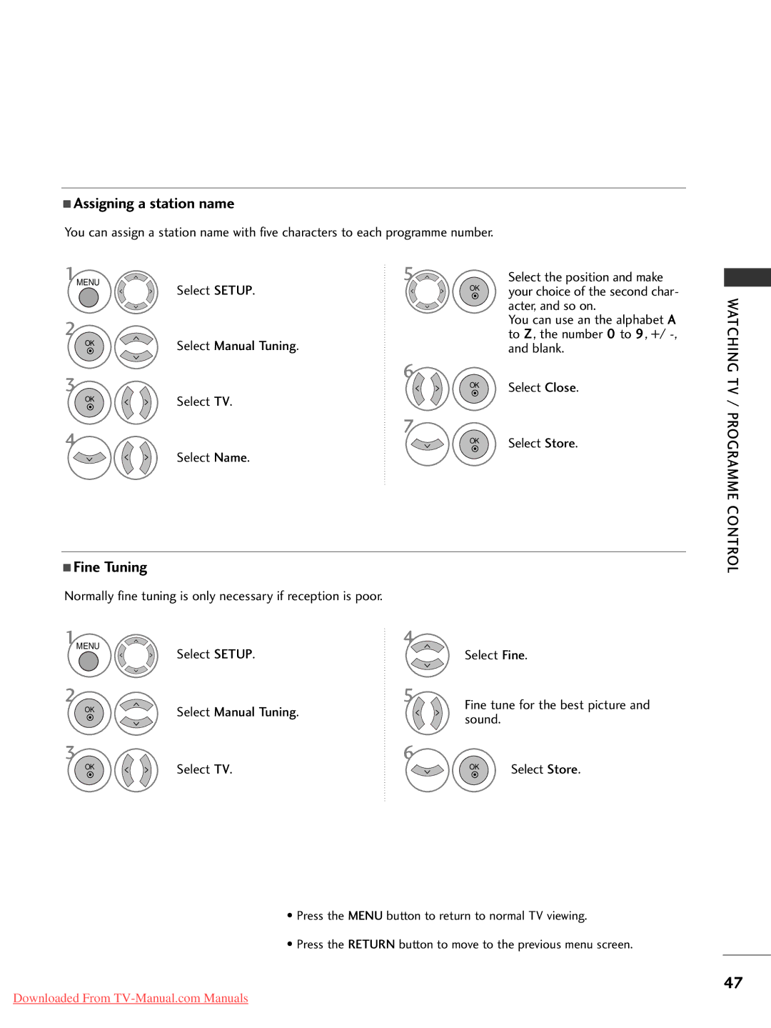 LG Electronics 32LG50, 60PG30, 50PG20 Select Setup Select Manual Tuning Select TV Select Name, Select Setup Select Fine 